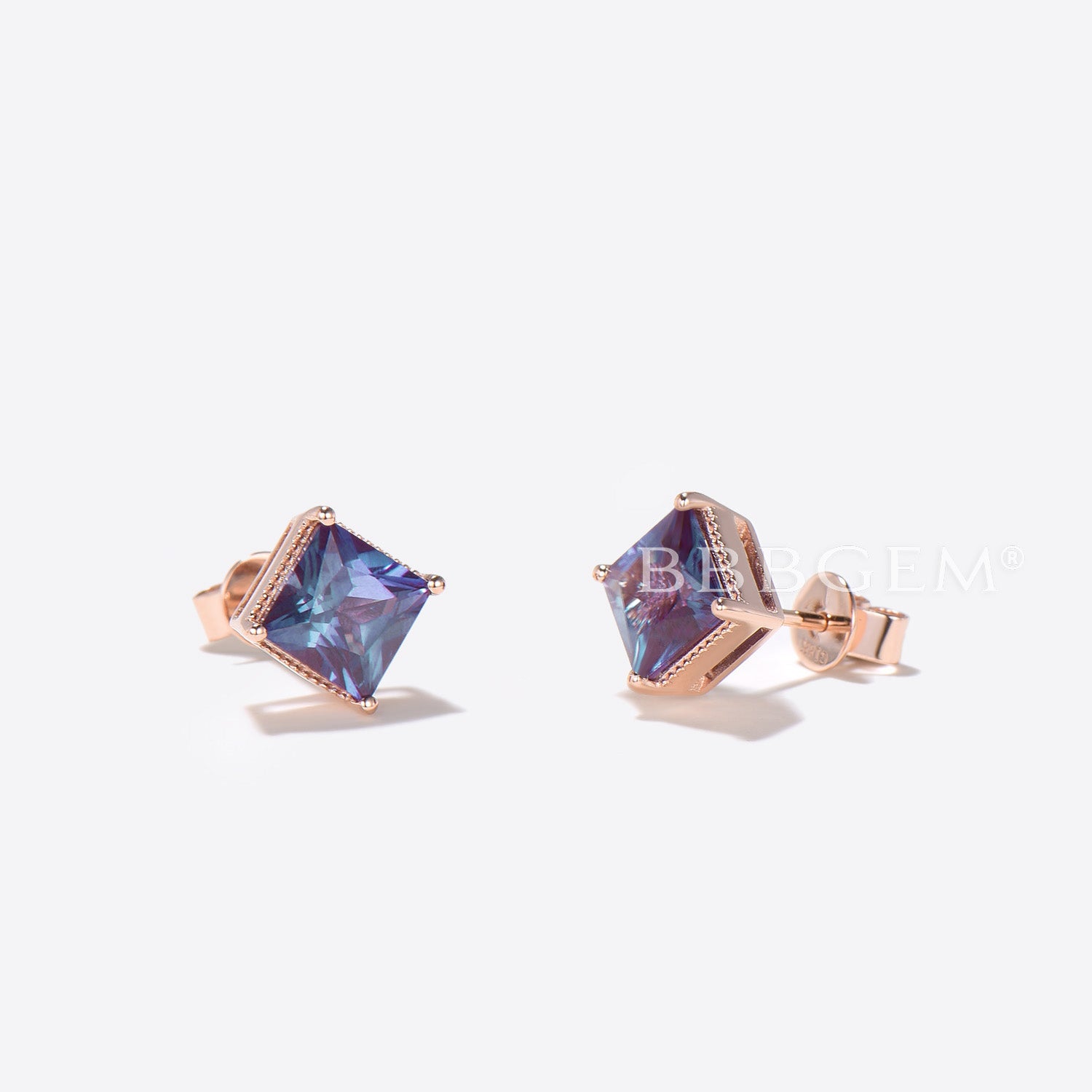 Princess Cut Alexandrite Stud Earrings - Minimalist June Birthstone Jewelry for Wedding, Anniversary & Gift | Hypoallergenic Sterling Silver Earrings for Women