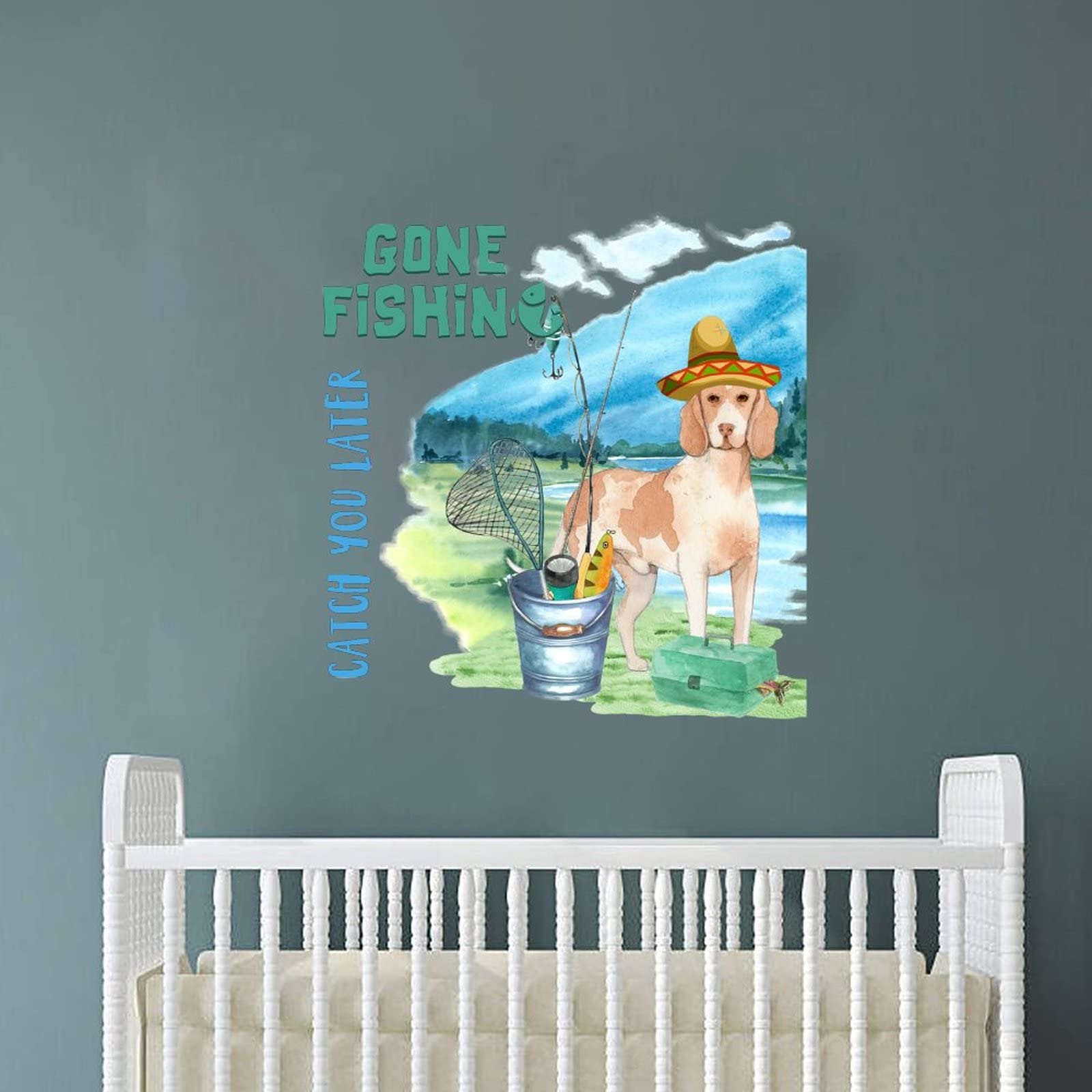 Gone Fishing Wall Decals - 22 Inch Inspirational Beach Life Kitchen Stickers with Dog & Lake Motif, Motivational Quote for Bedroom, Living Room & Office Decor - Perfect for Coastal, Rustic or Cabin Themed Spaces