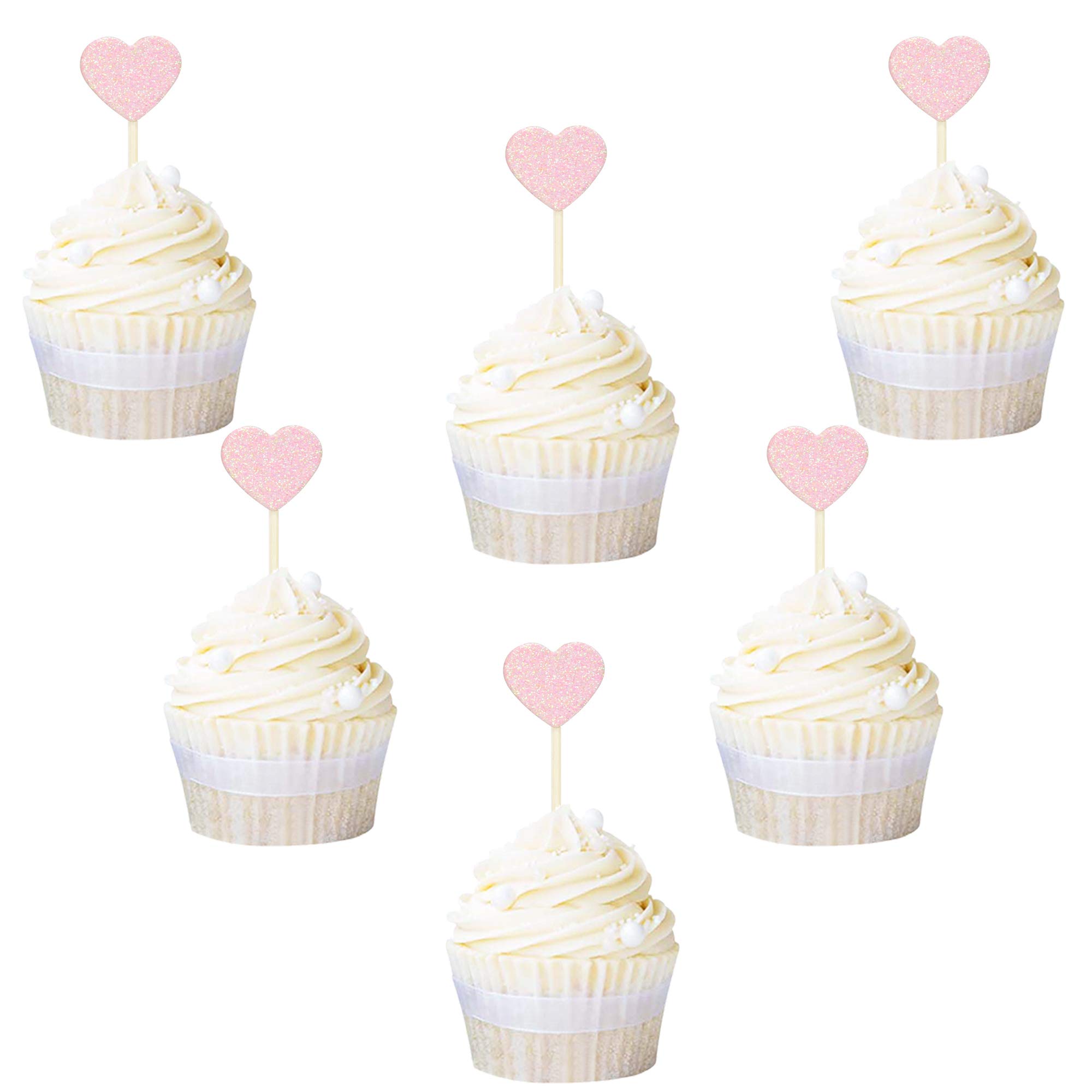 Ercadio 40 PCS Light Pink Glitter Heart Cupcake Toppers - Love Theme Cupcake Picks for Wedding, Bridal Shower, Birthday Party, Baby Shower & Anniversary Cake Decorations - Perfect for Romantic Celebrations and Sweet Treats