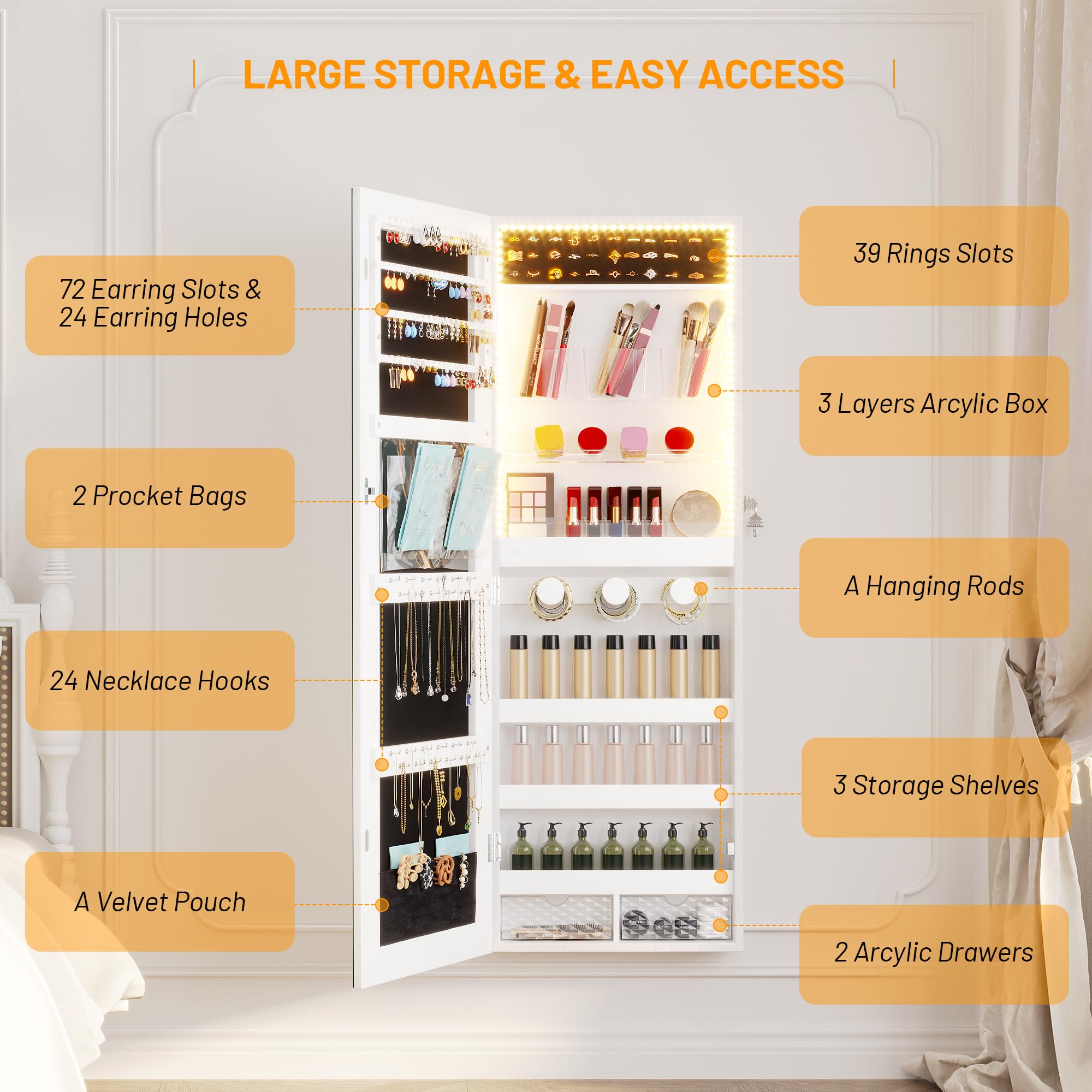LVSOMT White Lockable Jewelry Armoire Organizer with LED Lights - Wall/Door Mounted Mirror Jewelry Cabinet with Storage | Perfect for Bedroom, Closet & Dressing Room Organization