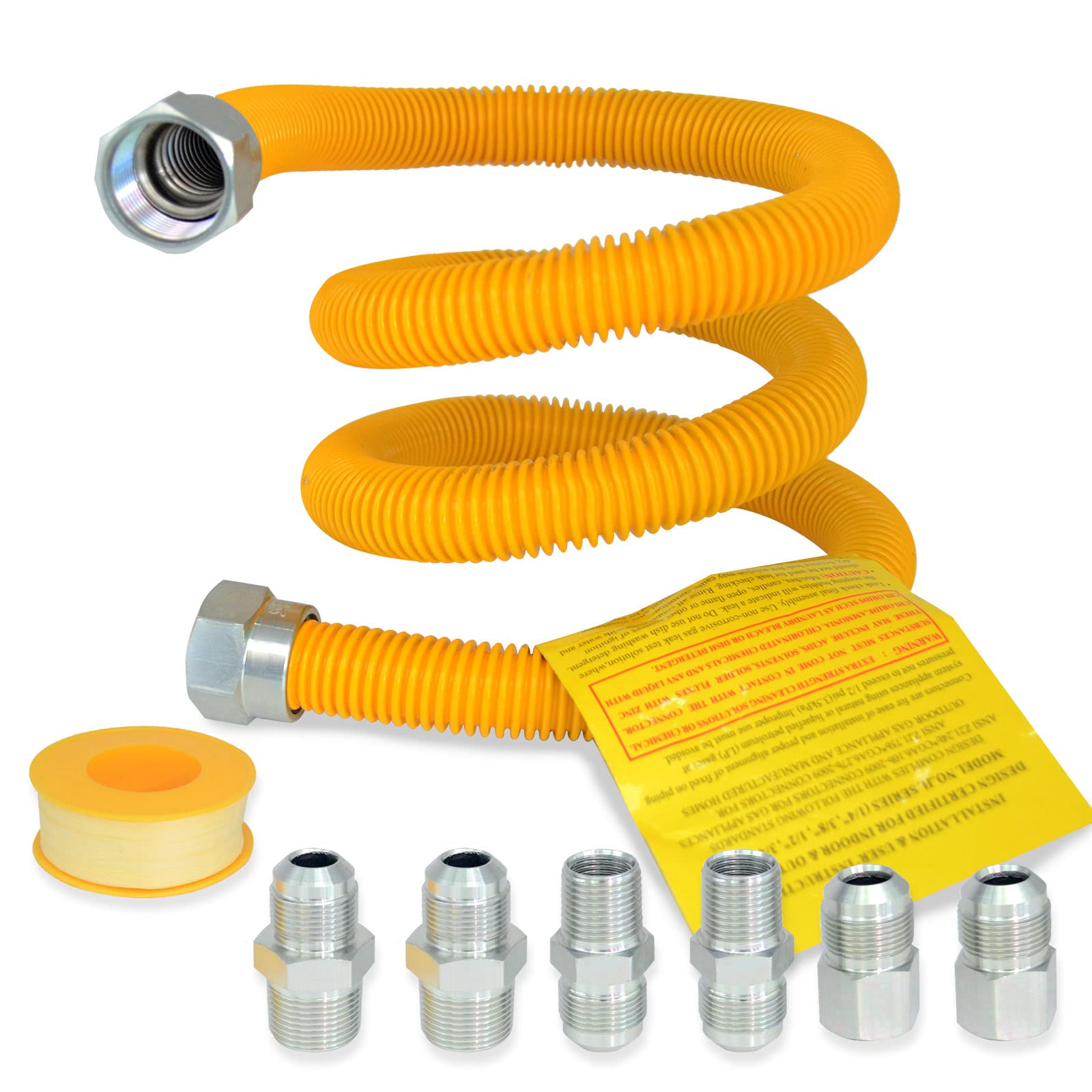 48 Inch Stainless Steel Gas Connector Kit with Yellow Coating - Flexible Gas Hose Line for Water Heater, Stove & Dryer - Safe & Durable for Home & RV Use