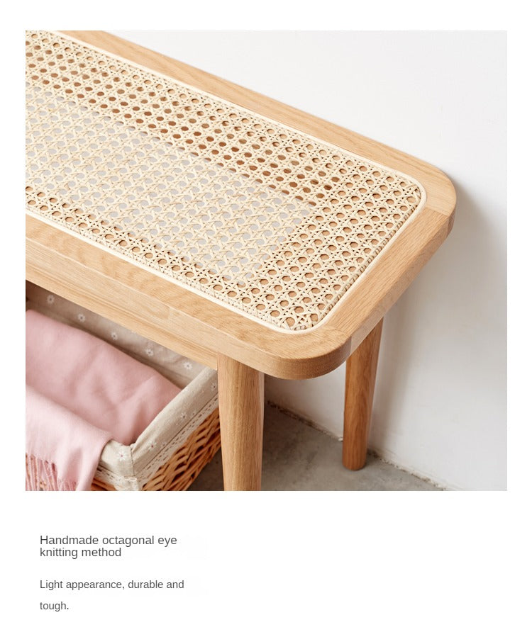 Solid Oak Wood Rattan Bench - Rustic Entryway, Patio, or Garden Seating - Handwoven Wicker Design for Indoor and Outdoor Use