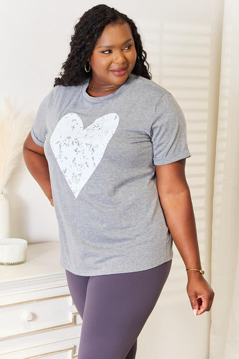 Heart Graphic Cuffed T-Shirt for Women - Heather Grey Cotton Tee | Casual Streetwear, Date Night Outfit