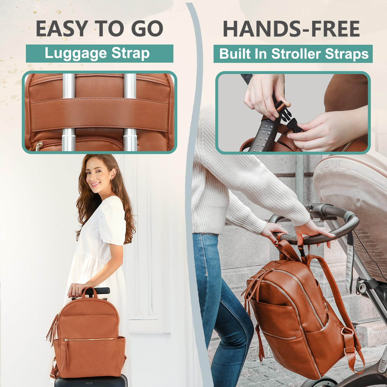 MOMINSIDE Large Diaper Backpack for Moms - 18 Pockets with 6 Insulated Compartments, Leather Baby Bag with Changing Pad & Stroller Straps - Perfect for Baby Registry, Travel & Daily Use (Brown)