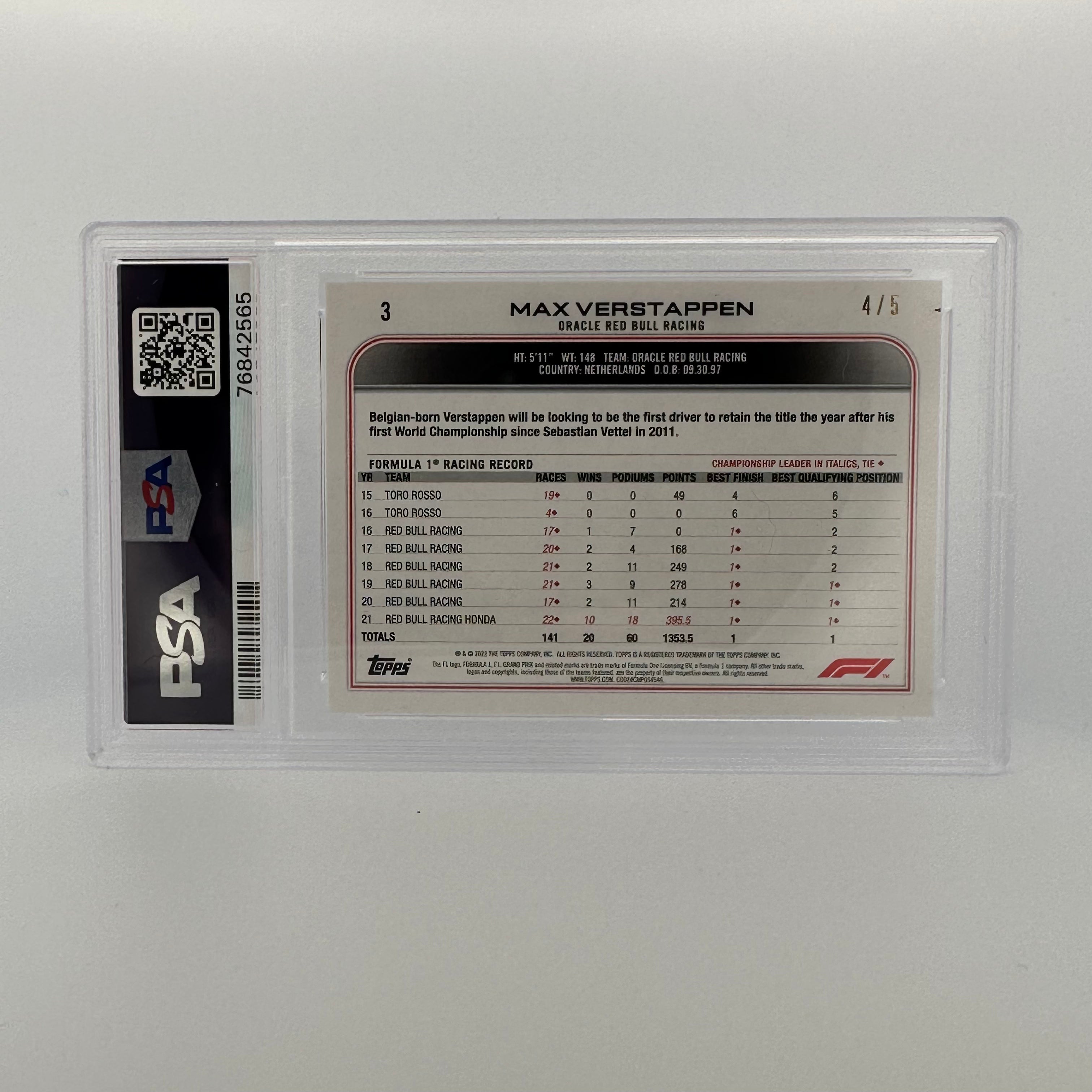 PSA 9 Graded 4/5 MAX VERSTAPPEN #3 Red Formula 1 Trading Card - Perfect for F1 Collectors, Sports Memorabilia & Racing Fans