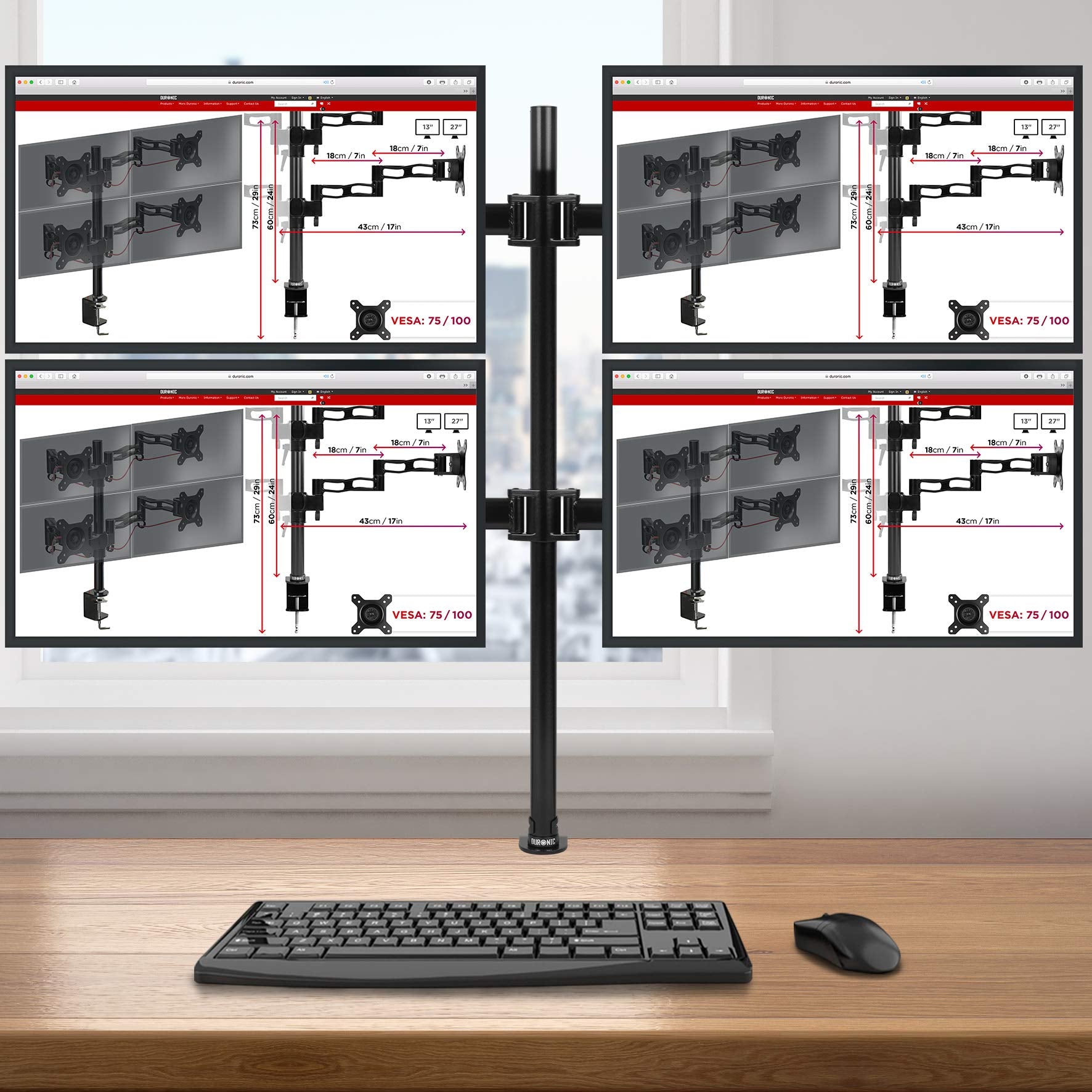 Duronic DM254 Quad Monitor Stand - Adjustable 4 Monitor Mount for 13-27
