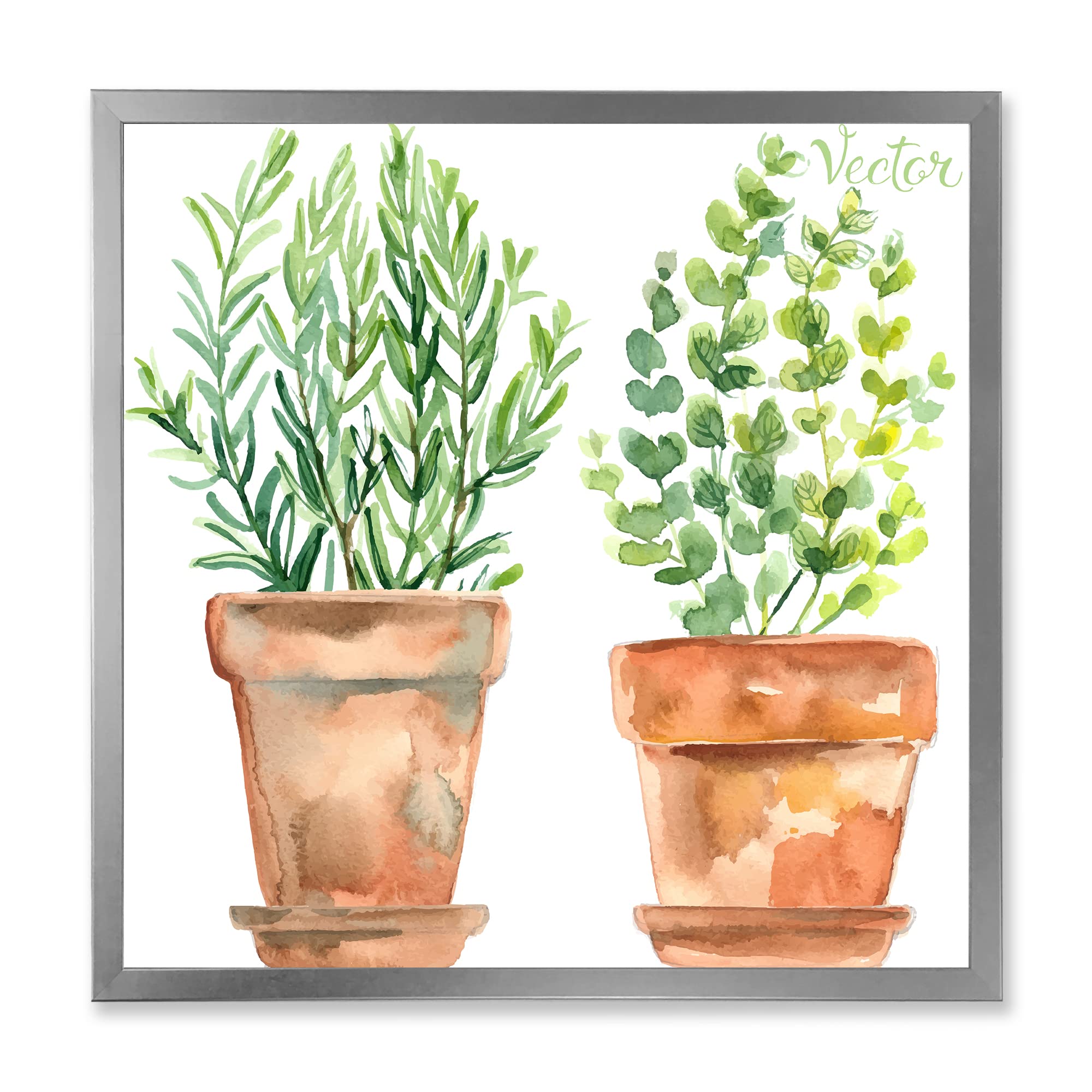DesignQ Two Green House Plants in Orange Flower Pots - Traditional Framed Wall Art Decor for Living Room, Bedroom & Office