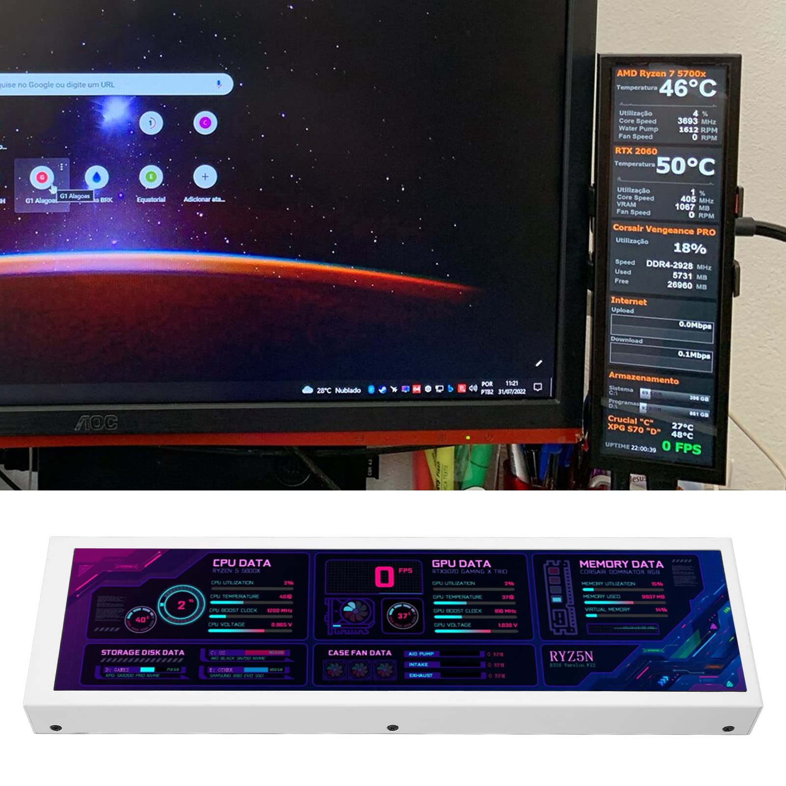 8.8 Inch AIDA64 Computer Temperature Monitor - Real-Time CPU GPU SSD Data Display for Raspberry Pi & PC - White Digital Host Temp Screen for Gaming, Mining & Office Workstations