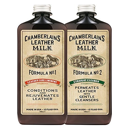 Chamberlains Leather Milk Cleaner & Conditioner Kit - No.1 Conditioner & No.2 Cleaner (2x12oz) with 2 Premium Restoration Pads | Leather Care for Furniture, Car Seats, Bags & Jackets | Deep Cleaning & Protection