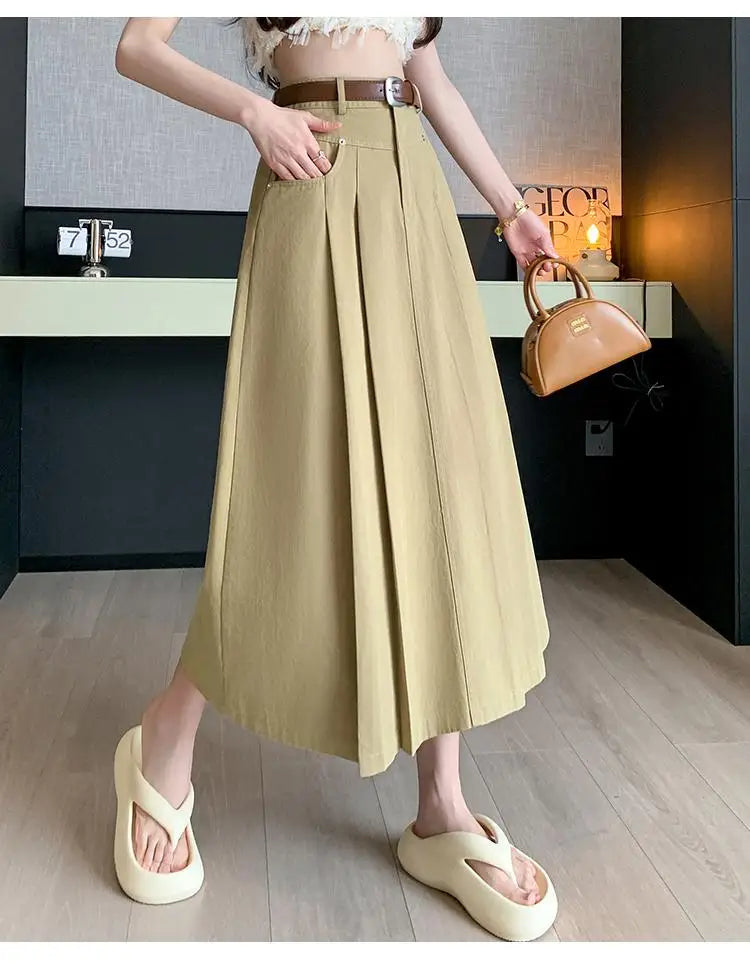 2024 Women's Black & Beige Denim Long Skirt - High Waist Pleated A-Line Umbrella Jean Skirt for Spring Summer | Office Wear, Casual Outfits & Date Night Fashion