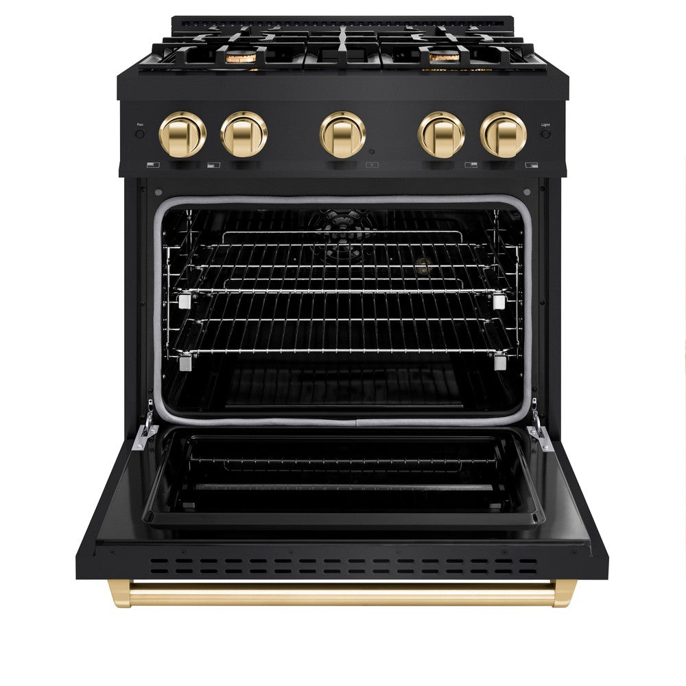 ZLINE Autograph Edition 30-inch 4.2 cu. ft. Dual Fuel Range - Black Stainless Steel with Gold Accents - 4 Burner Gas Cooktop & Convection Oven - Professional Kitchen Appliance for Home Chefs & Cooking Enthusiasts