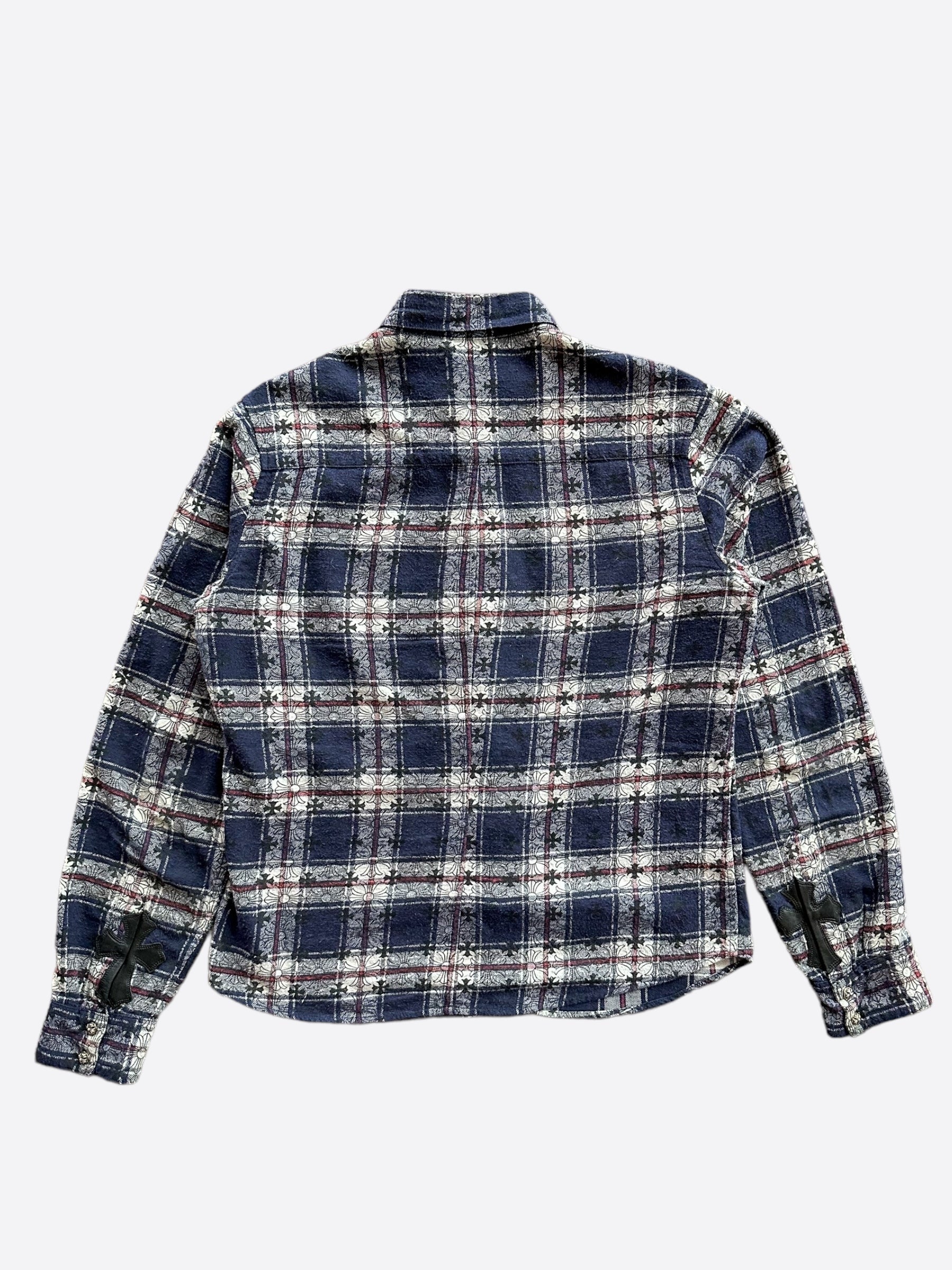Chrome Hearts Blue Cross Patch Jacquard Button Up Shirt for Men | Gothic Fashion Streetwear | Perfect for Casual Outings and Music Festivals