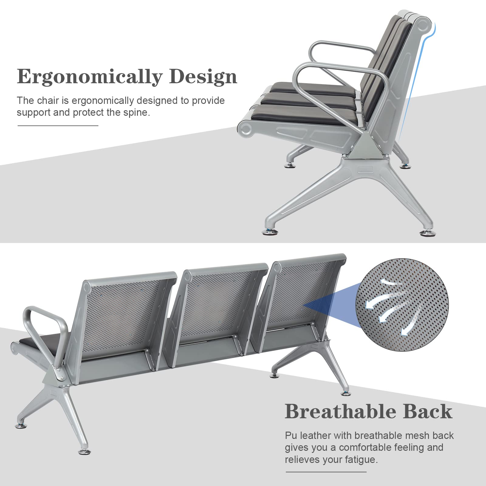 KINTNESS 3-Seat Reception Waiting Room Chair - Office Airport Lobby Guest Bench for Hospital Salon Barber Shop Conference Hall (Perfect for Waiting Areas, Reception Spaces & Public Seating)