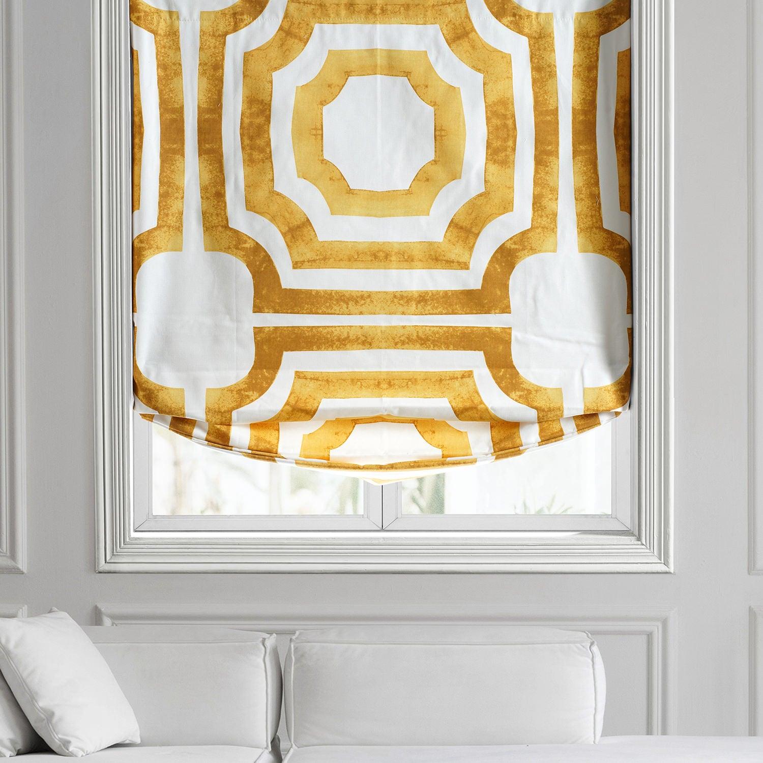 Mecca Gold Geometric Printed Cotton Roman Shade - Elegant Window Treatment for Living Room, Bedroom & Office Decor