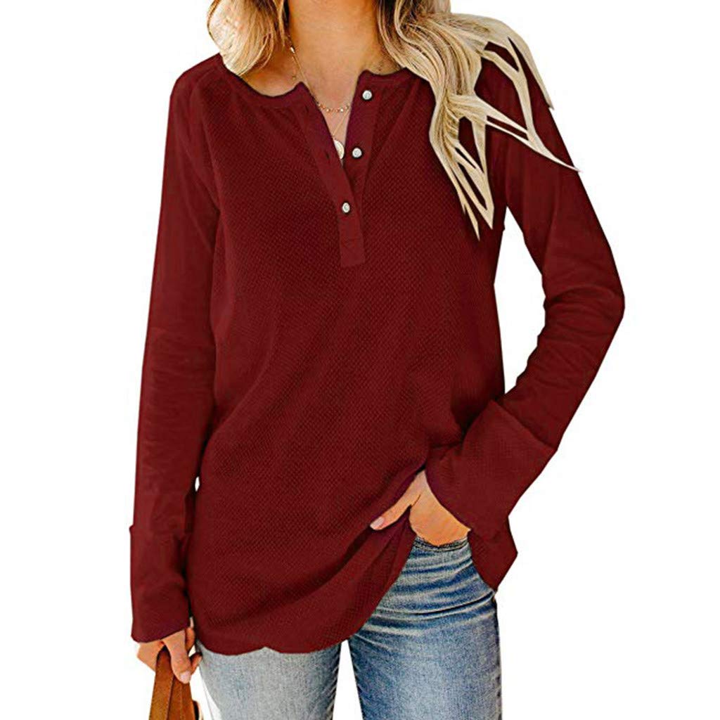 Women's Henley Sweater with Front Buttons - Waffle Knit Long Sleeve V-Neck Tunic Blouse for Casual Wear | Perfect for Fall Layering, Office Outfits & Weekend Comfort