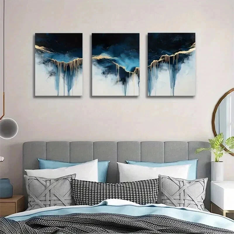 3-Piece Abstract Blue & Gold Drip Painting Wall Art Set - Framed Canvas 40x60cm (16x24in) - High Quality Print - 100% Australian Made - Ready to Hang - Perfect for Living Room, Bedroom & Office Decor