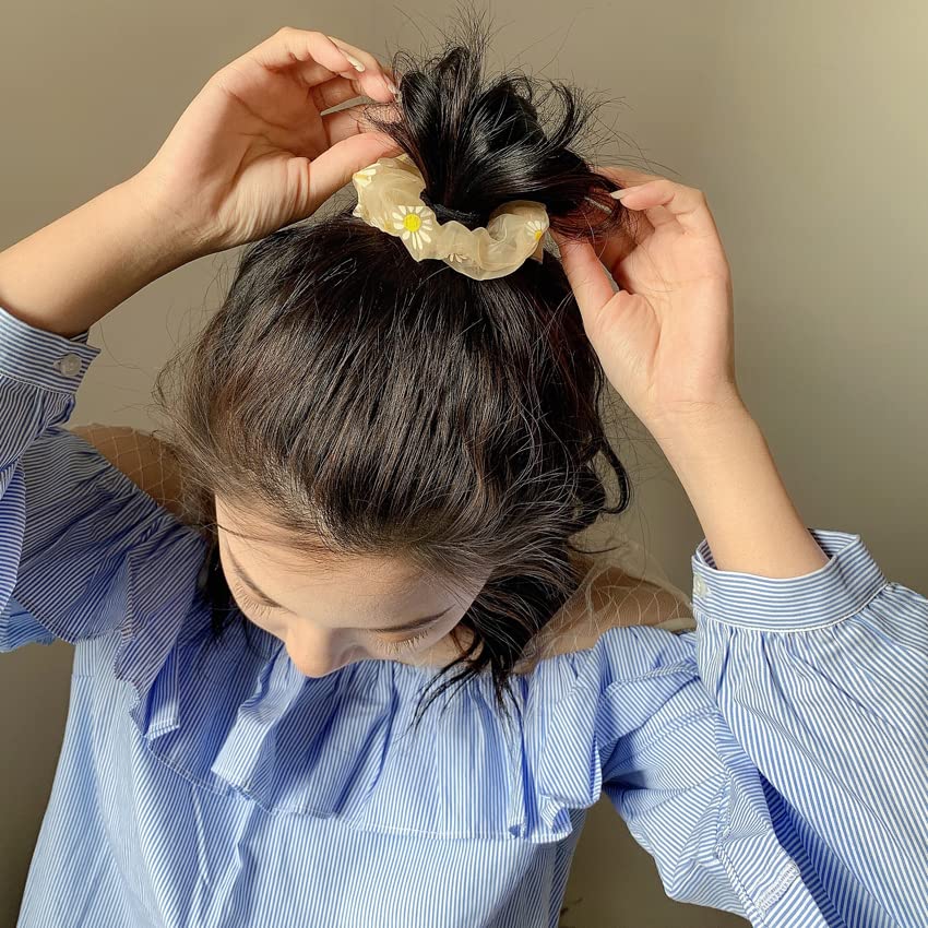 Luxury Organza Scrunchies for Women - Printed Flower Hair Ties, Anti-Hair-Breakage, Multi-Color Pack of 6 - Perfect Gift for Weddings, Parties & Everyday Styling