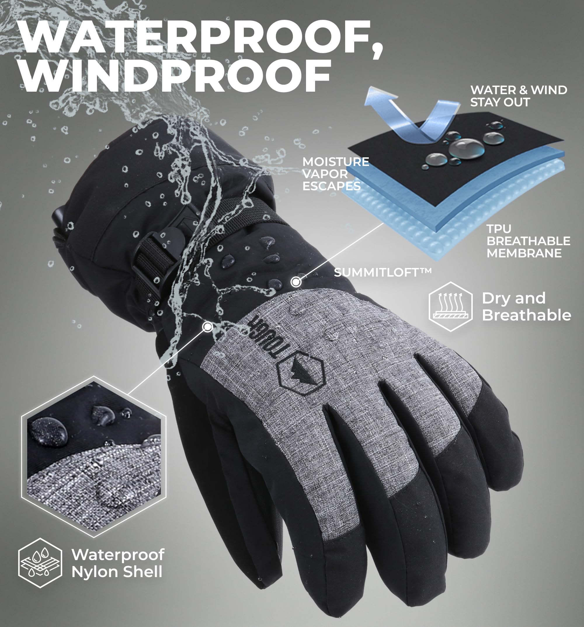 Tough Outdoors Snow Gloves - Waterproof Insulated Ski & Snowboard Gloves for Men & Women | Winter Sports, Hiking & Cold Weather Protection