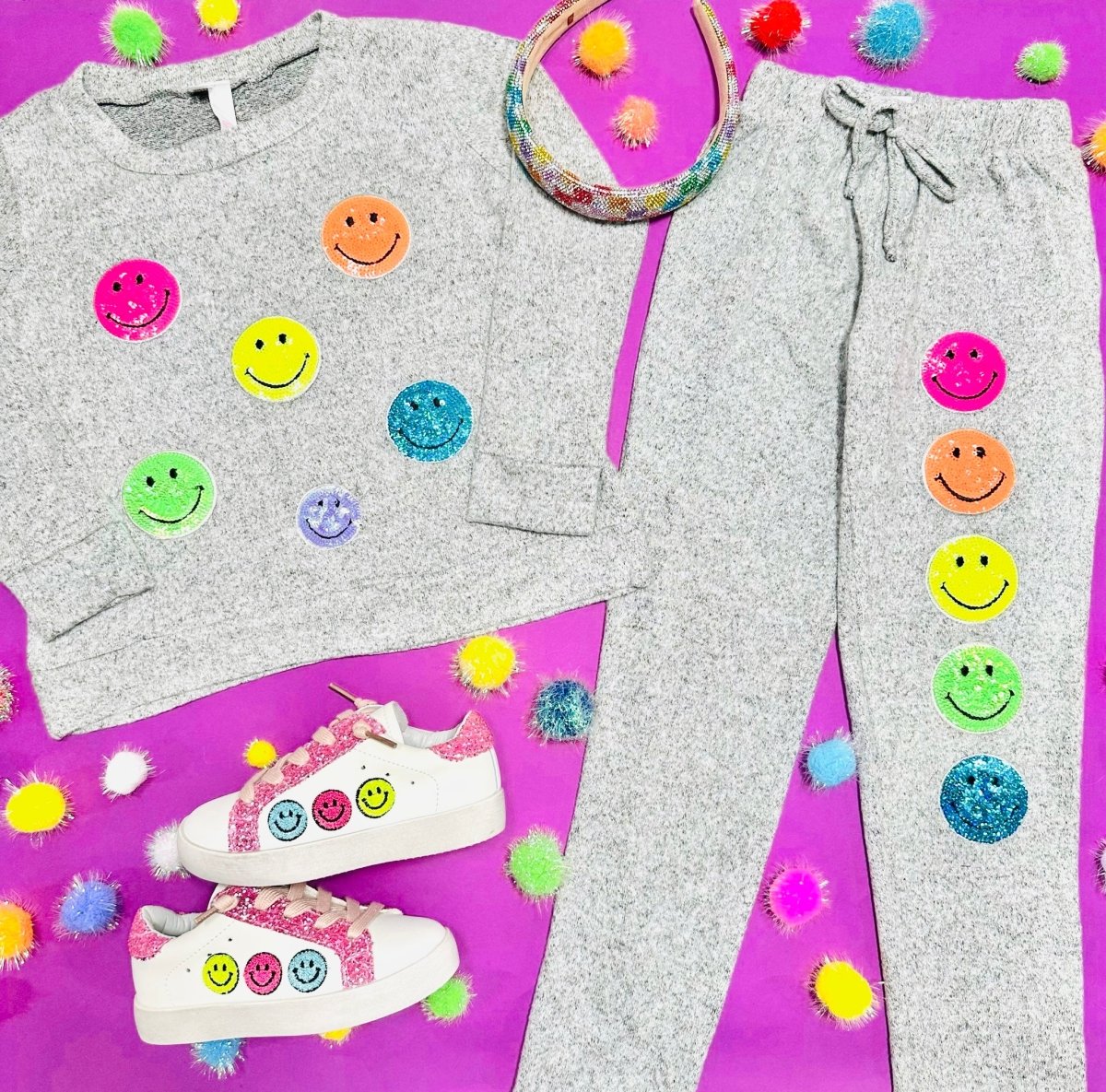NEON SEQUIN SMILEY FACE HACCHI SWEATPANTS - Trendy Glow-in-the-Dark Joggers for Women, Perfect for Rave Outfits, Music Festivals & Casual Streetwear