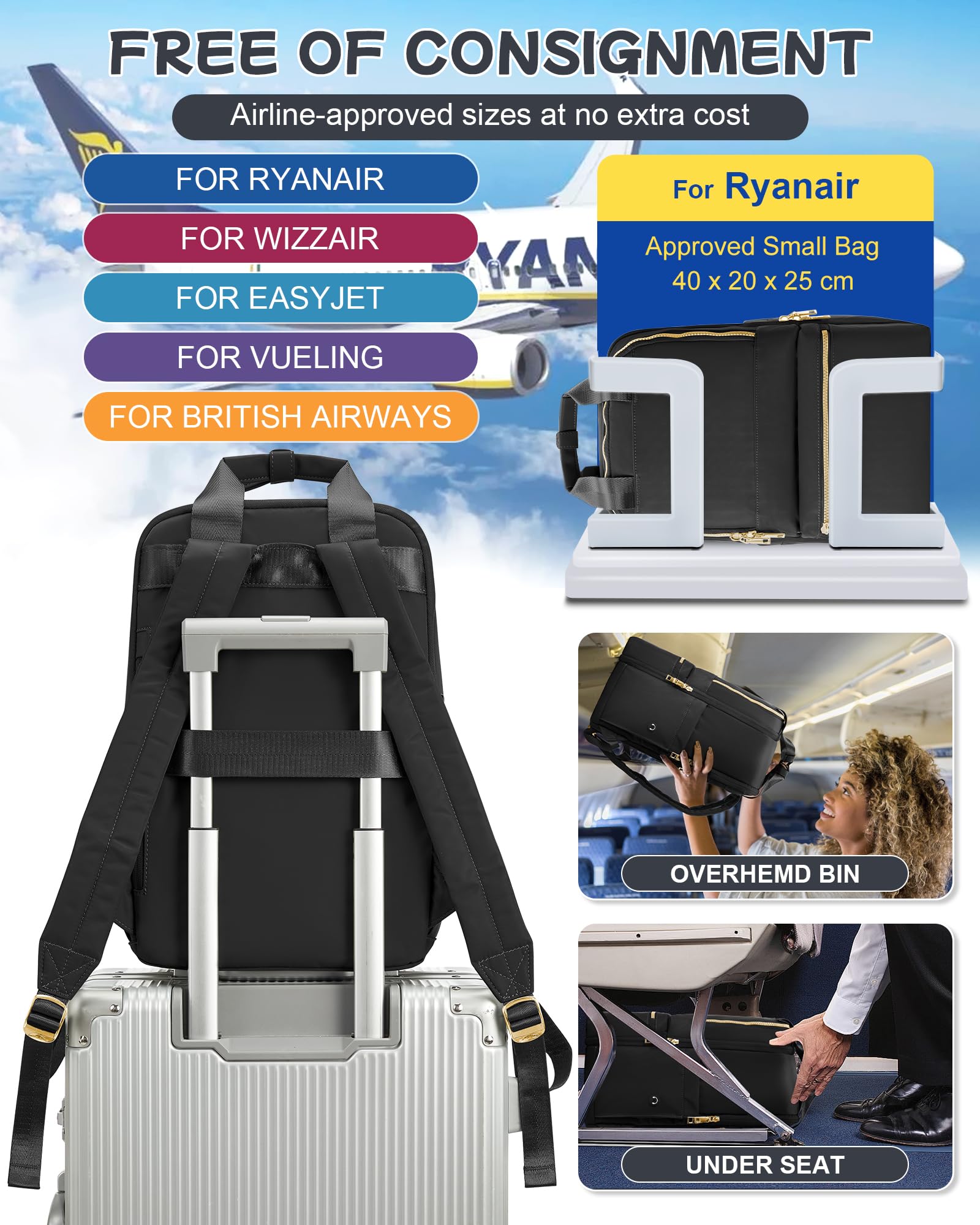 Black Travel Backpack for Women - FAA Approved Carry On Backpack, Small Personal Item Bag with Laptop Compartment | Perfect for Airplane Travel, Work Commute & Teacher Use