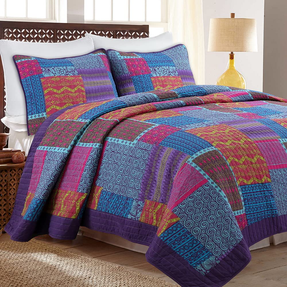 Bohemian Style 3-Piece Quilt Set - 100% Cotton Bedding for Full/Queen Size Beds | Perfect for Cozy Bedrooms, Guest Rooms & Boho Chic Home Decor