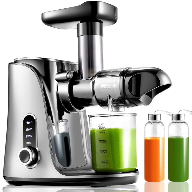 AMZCHEF Slow Masticating Juicer Extractor - Cold Press Juicer with 2 Speed Modes, 500ML Travel Bottles, LED Display & Quiet Motor - Perfect for Vegetables, Fruits & Healthy Juicing at Home, Gym or Office - Easy to Clean with Included Brush (Gray)