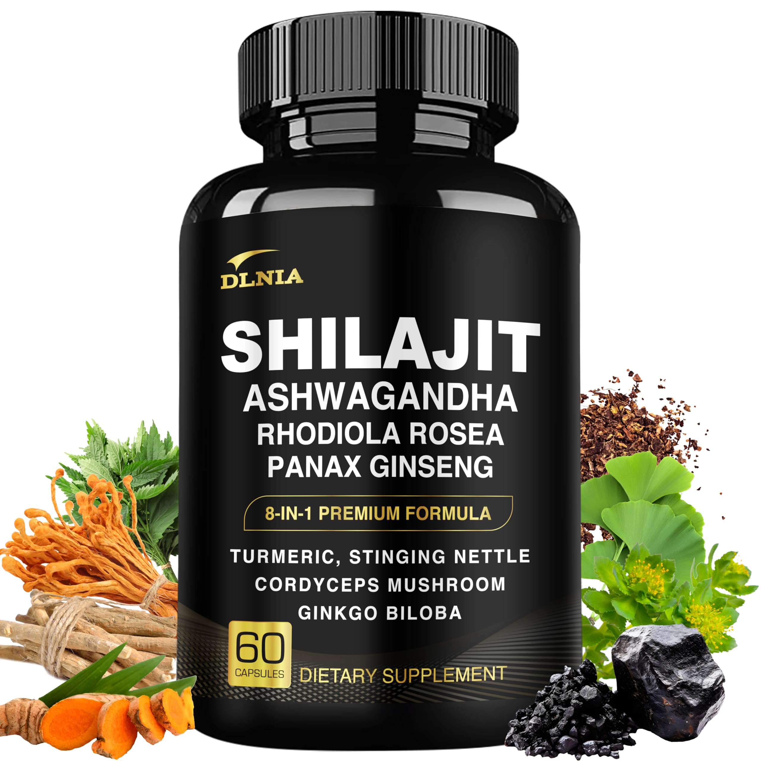 8-in-1 Himalayan Shilajit Supplement for Men with Ashwagandha, Rhodiola Rosea, Ginseng & Turmeric - Organic Mushroom Extract for Immune Support, Energy Boost, Focus & Better Sleep - Stress Relief & Mental Clarity for Workouts & Daily Performance