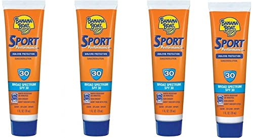 Banana Boat Sport Performance SPF 30 Sunscreen Lotion - Broad Spectrum UVA/UVB Protection, Water Resistant, 1 Oz Travel Size (Pack of 4) - Perfect for Outdoor Activities, Swimming, Hiking & Beach Trips