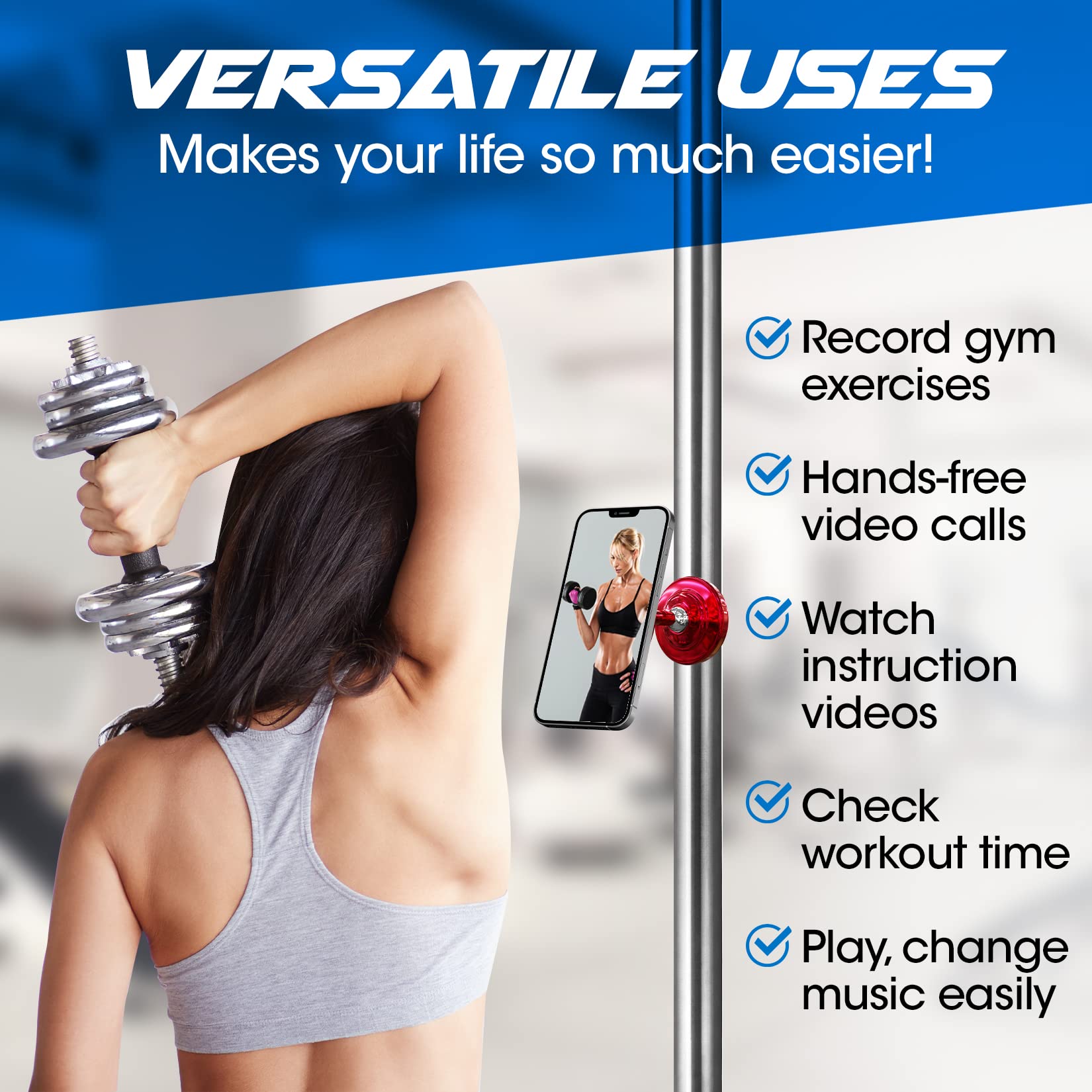 Magnetic Phone Mount for Car & Gym - Universal Phone Holder for Videos, Recording & Workouts - Strong Magnetic Phone Stand for Hands-Free Use While Driving, Exercising & Vlogging