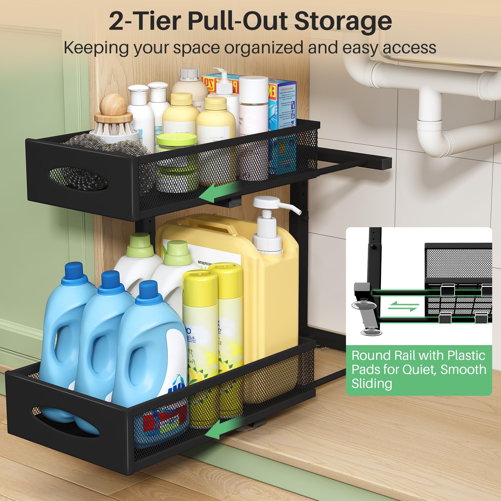 2-Tier Under Sink Organizer Set of 2 - Pull Out Mesh Cabinet Baskets with Sliding Drawers for Kitchen, Bathroom & Pantry Storage | Space Saving Sink Shelf Organizer for Home & Office Use (Black)