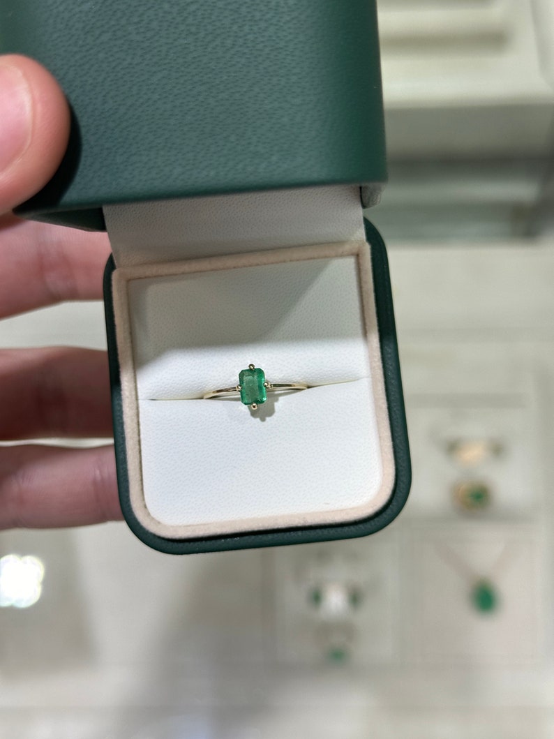 0.70ct 14K Gold Natural Emerald Solitaire Ring - Four Prong North to South Setting, Petite Accent Right Hand Ring for Women - Perfect for Engagement, Anniversary, Wedding, or Everyday Elegant Wear