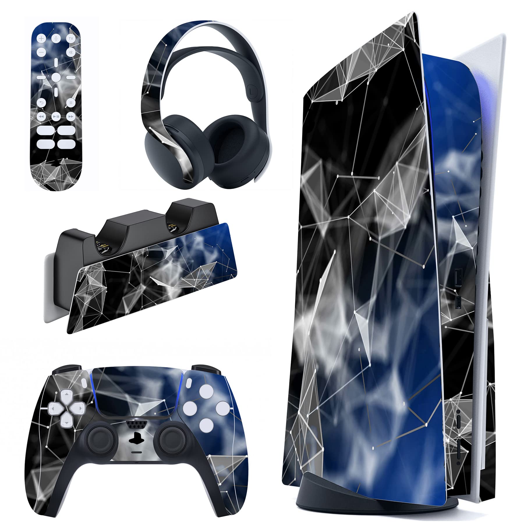 PlayVital 3D Polygon Full Skin Decal Set for PS5 Console Disc Edition - Protective Vinyl Stickers for PS5 Controller, Charging Station, Headset & Media Remote - Gaming Accessories for Enhanced Style & Protection