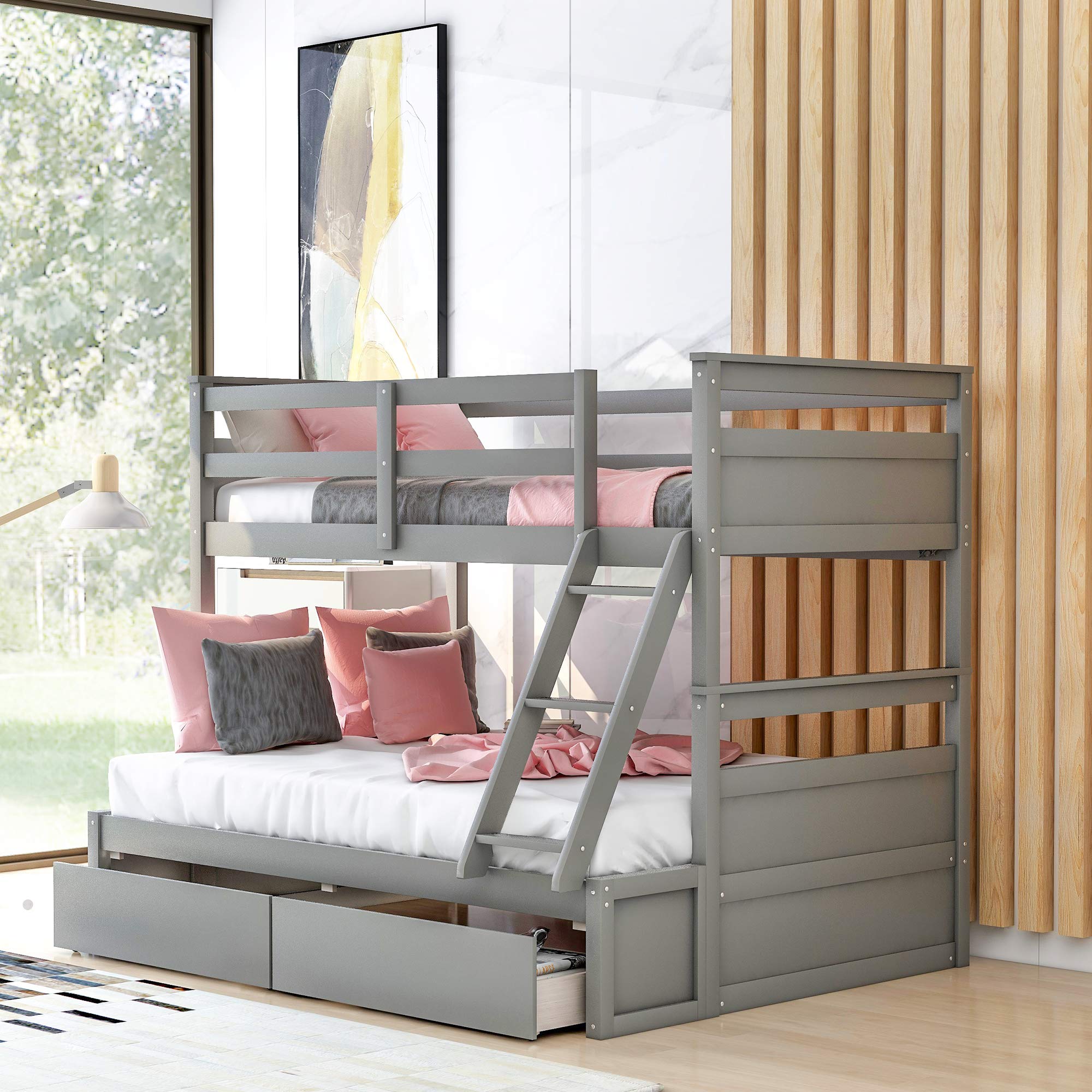 SOFTSEA Twin Over Full Bunk Bed with Storage Drawers - Sturdy Wooden Bunk Bed Frame with Safety Ladder & Guardrails for Kids & Teens - Converts to 2 Separate Beds (Grey) - Perfect for Small Bedrooms, Guest Rooms & Kids' Shared Spaces - No Box Spring Required