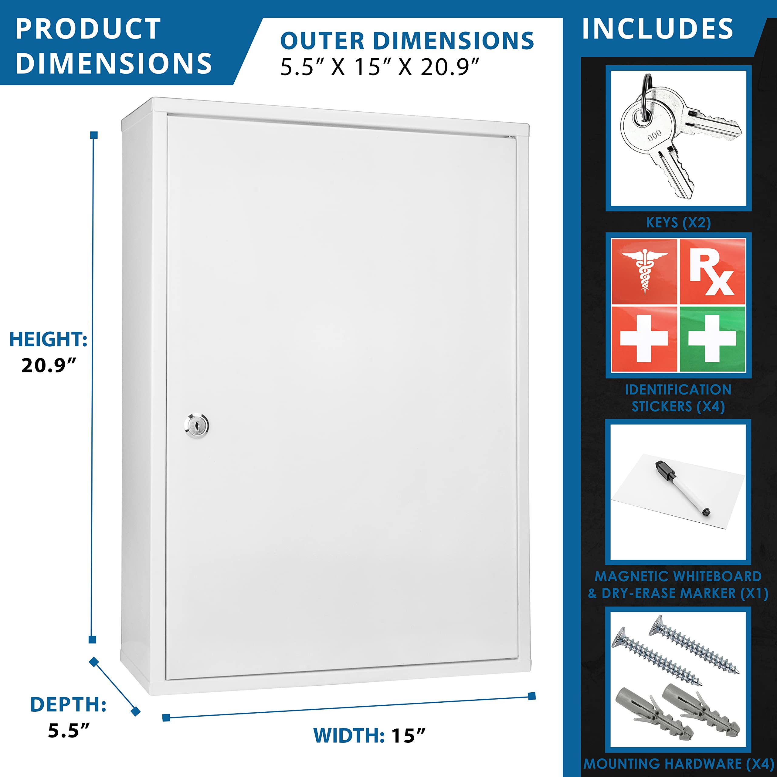 Large Wall Mount Steel Key Lock Medicine Cabinet - Secure Storage for Bathroom, Kitchen & Medical Supplies