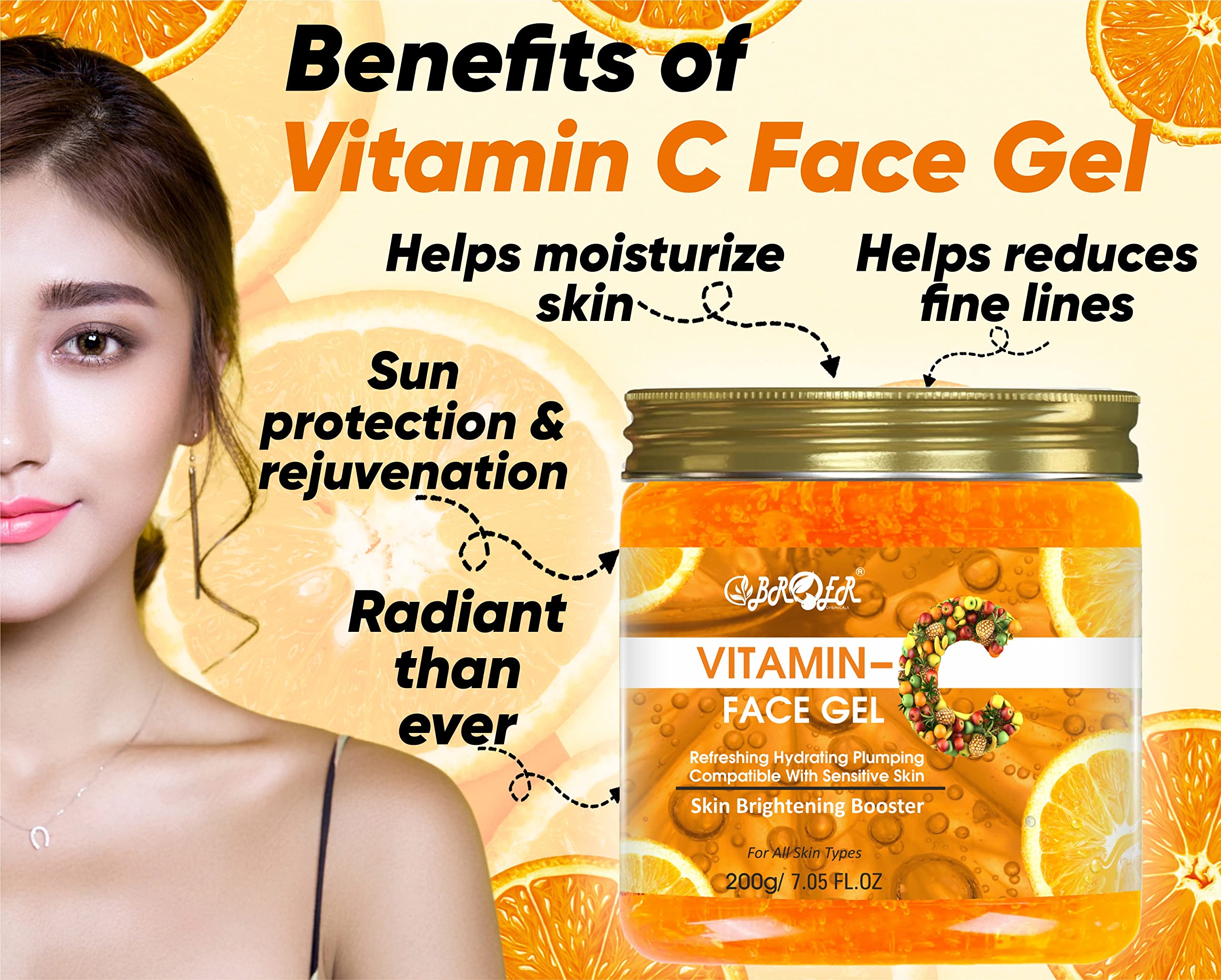 BROER Vitamin C Facial Gel with Aloe Vera & Orange Extract 200g - Hydrating & Brightening for Dry, Dull & Aging Skin - Lightweight & Fast Absorbing - Paraben & Silicone Free - Perfect for Morning Skincare Routine & Under Makeup