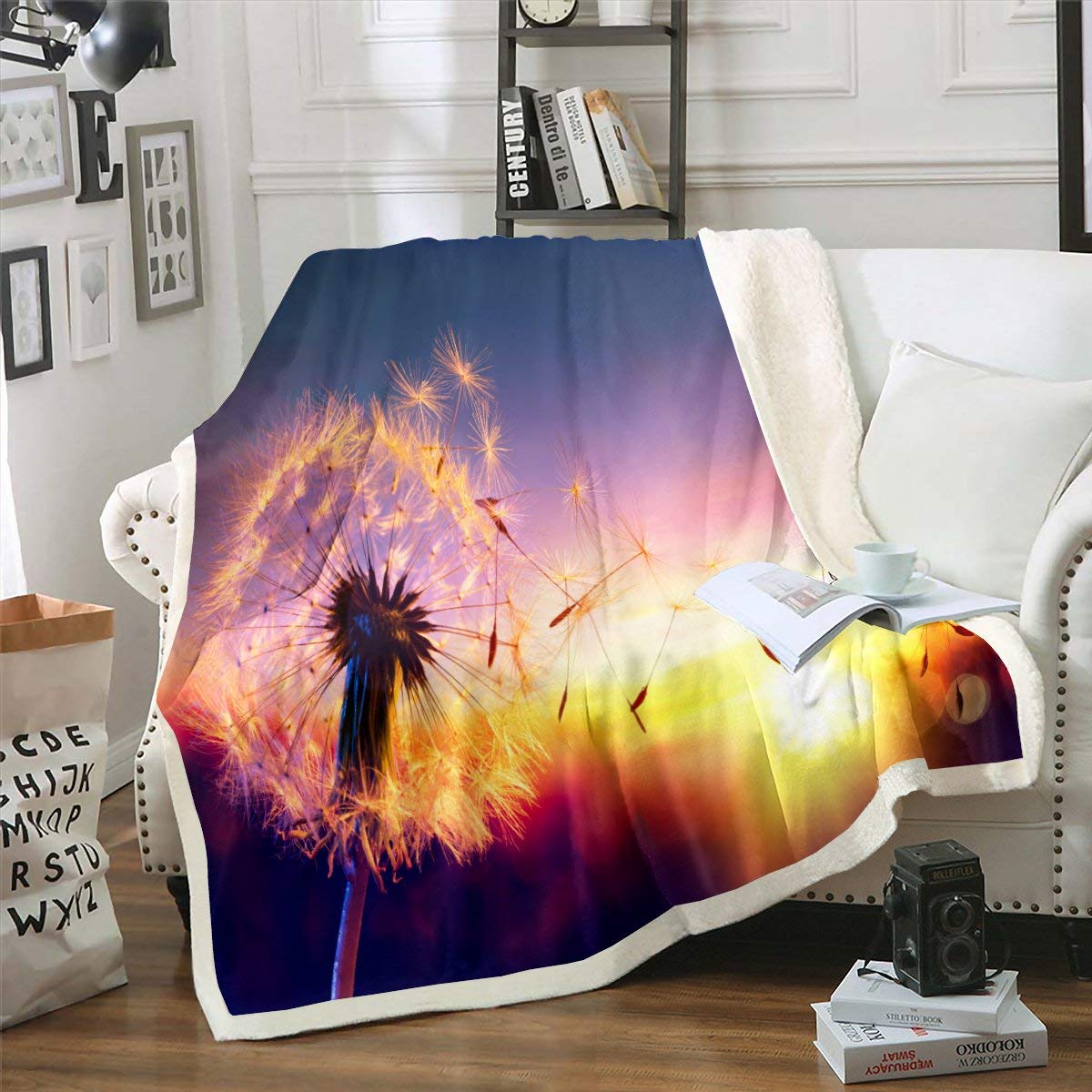 Erosebridal Fluffy Dandelion Fleece Throw Blanket for Kids & Teens - Soft Sherpa Plush Bed Blanket for Boys & Girls, Golden Sunset Design - Perfect for Nursery, Bedroom Decor, and Cozy Family Movie Nights