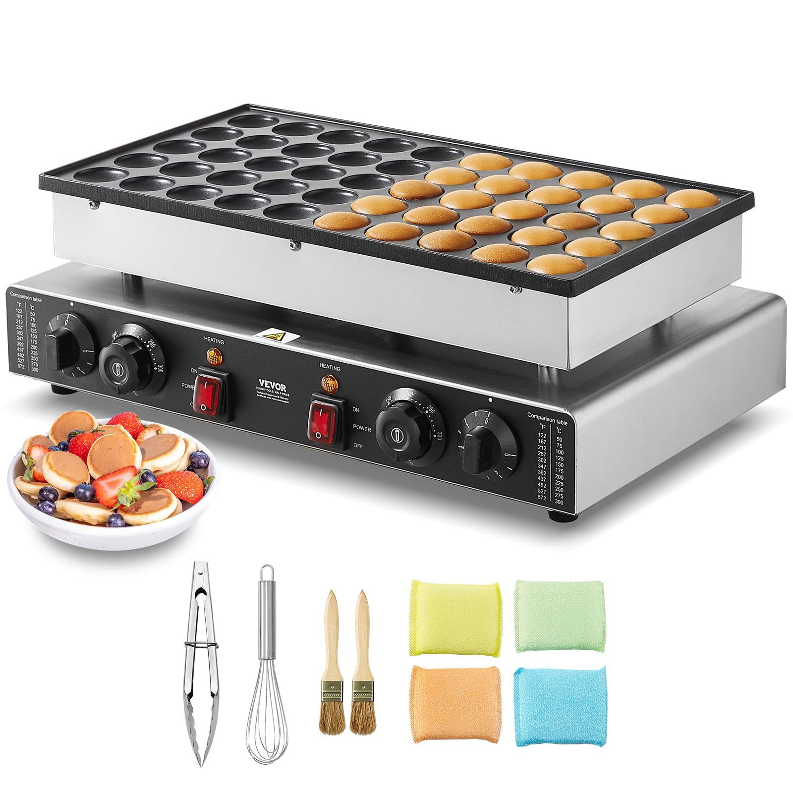 VEVOR 110V Mini Dutch Pancake Maker Machine - 1700W Commercial Electric Nonstick Waffle Baker with 50PCS 1.8 Inch Molds, Dual Thermostats & Independent Timers - Perfect for Home Kitchens, Cafes, and Breakfast Restaurants