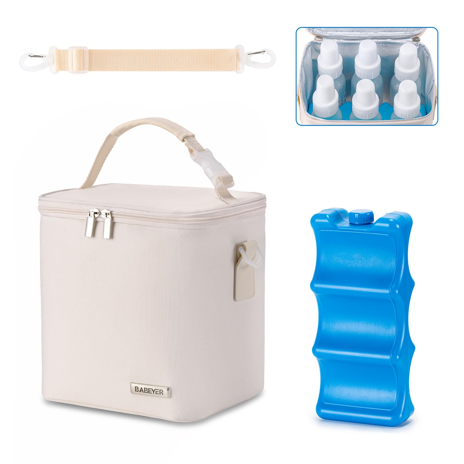 Premium Insulated Breastmilk Cooler Bag with Ice Pack - Holds 6 Baby Bottles (Up to 9oz) | Convenient Shoulder Strap for Nursing Moms | Perfect for Daycare, Work & Travel | Cream Color