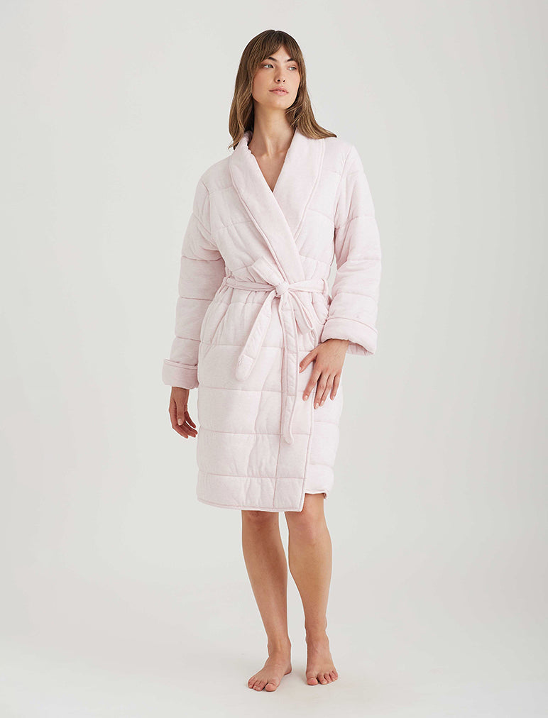 Cozy Fleece Puffer Midi Robe for Women - Soft Warm Winter Bathrobe with Pockets, Perfect for Lounging at Home, Spa Days & Cold Weather Comfort