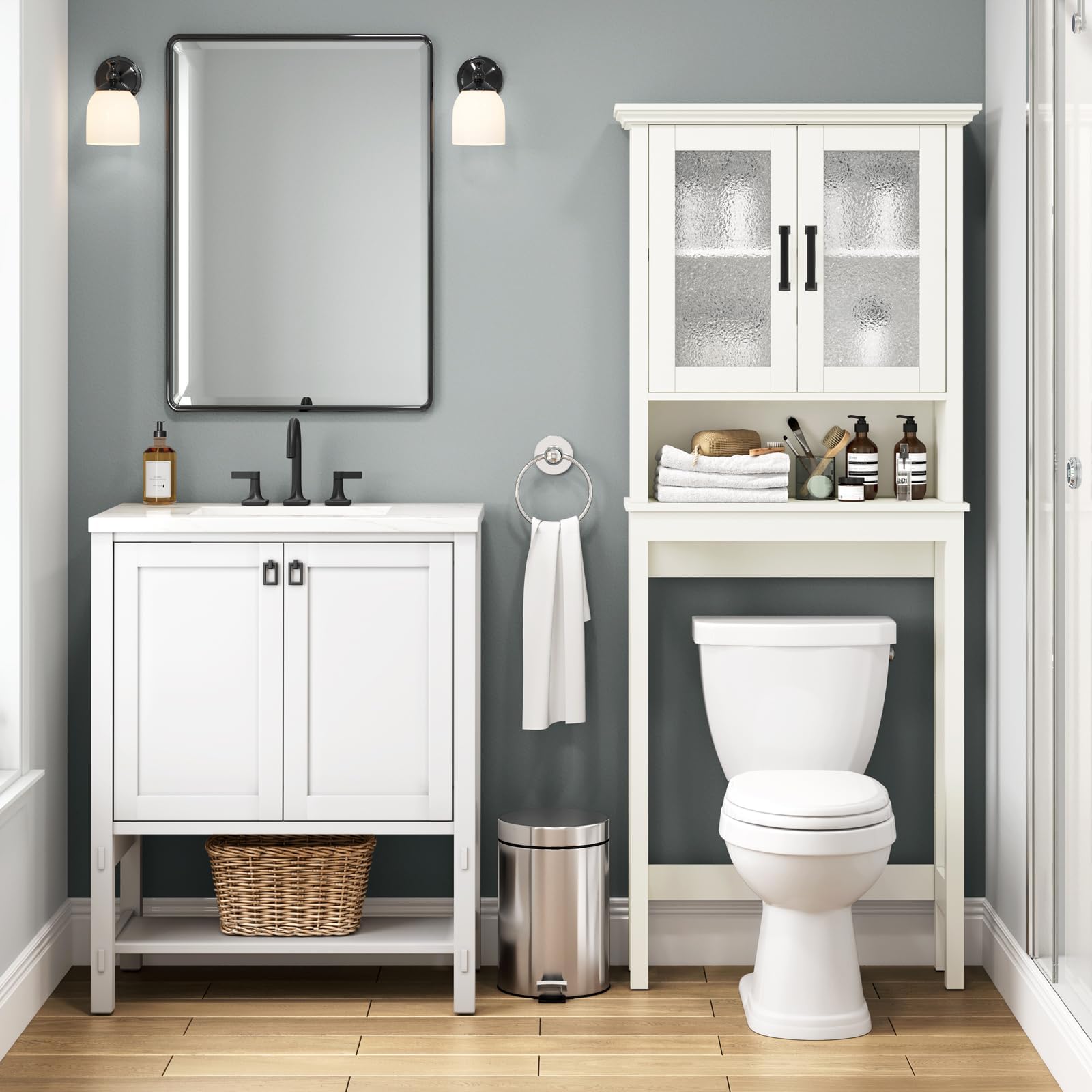 Over The Toilet Storage Cabinet with Doors & Adjustable Shelf - Thick Frame Bathroom Organizer for Above/Behind Toilet - Cream White - Perfect for Small Bathrooms, Apartments & Space-Saving Storage
