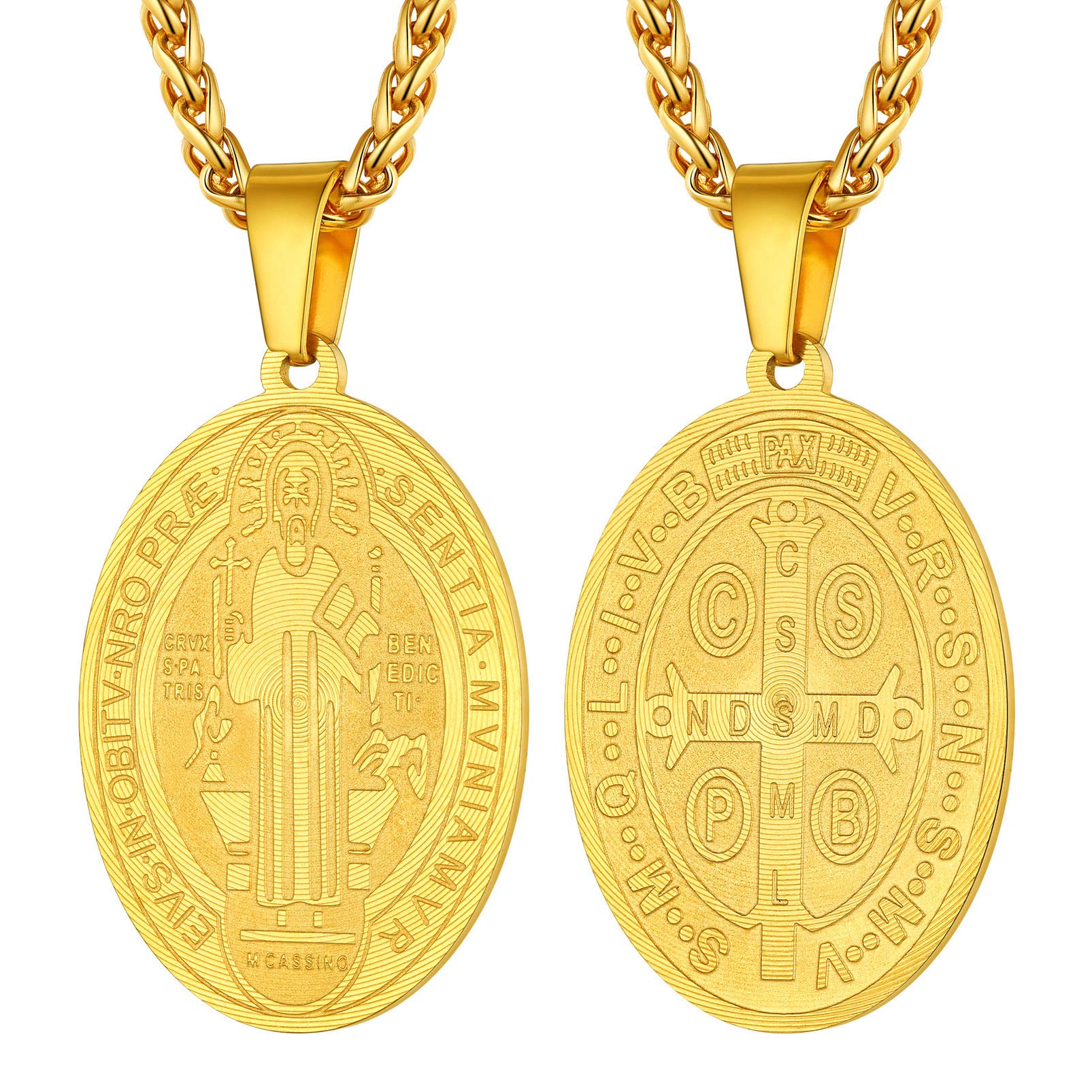PROSTEEL Stainless Steel Saint Benedict Medal Necklace for Men - 18K Gold Plated Religious Protection Jewelry - 22