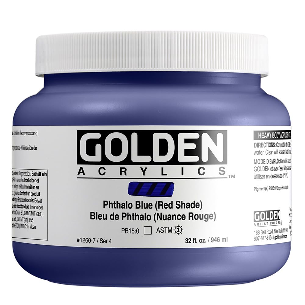 GOLDEN Heavy Body Acrylic Paint - Phthalo Blue (Red Shade) 32 oz Jar - Professional Grade Transparent Artist Paint for Canvas, Murals & Fine Art