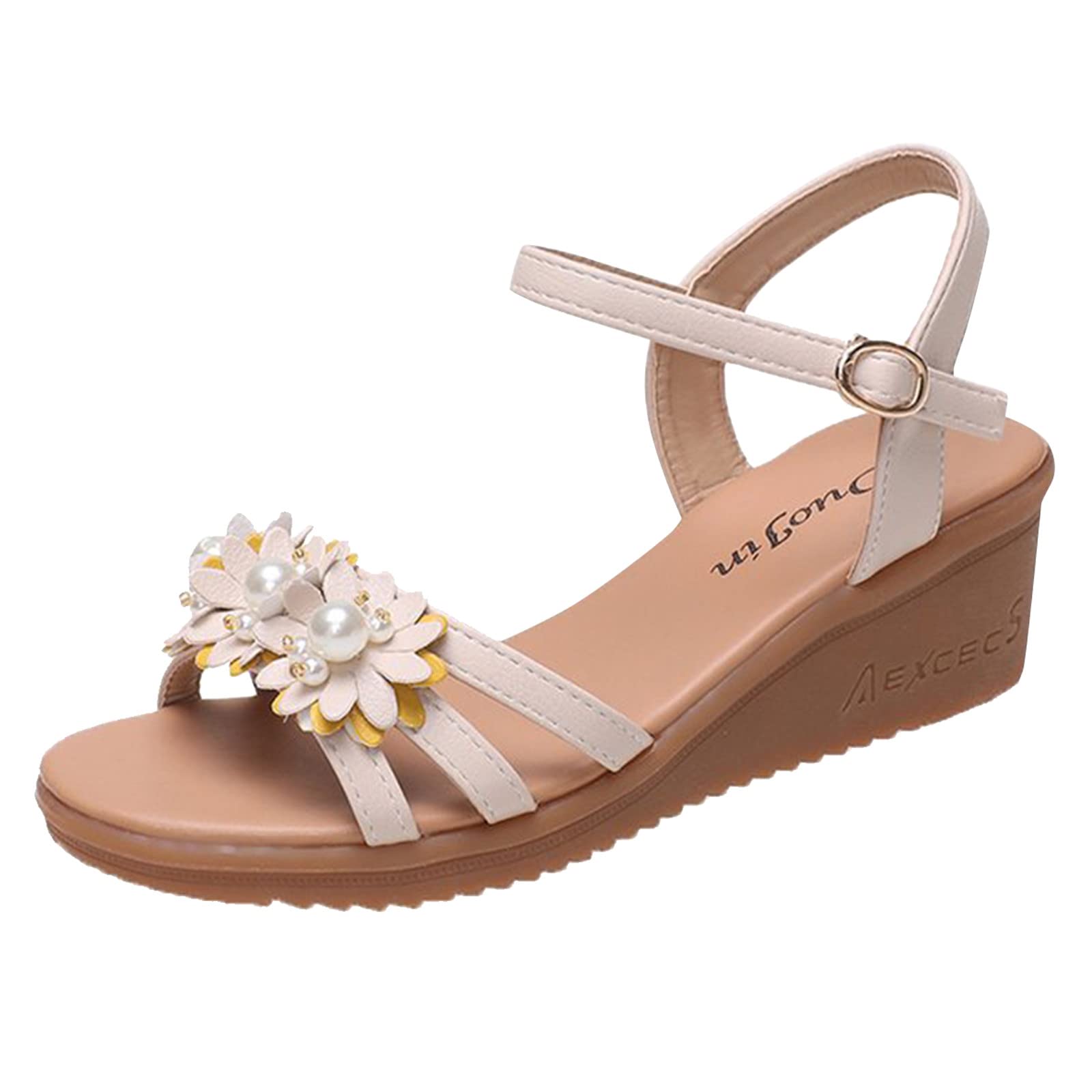 Women's Bohemian Rhinestone Flower Wedge Sandals - Open Toe Summer Dressy Roman Flat Shoes for Beach, Wedding & Vacation