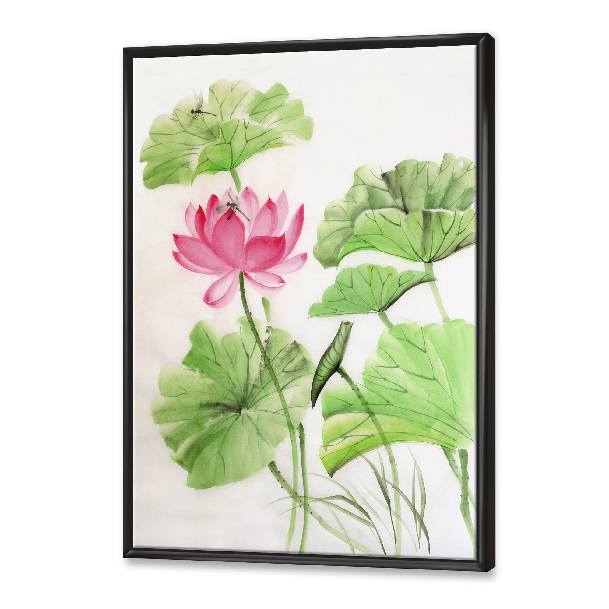 Lotus and Dragonfly Framed Canvas Wall Art - Traditional Asian Home Decor for Living Room, Bedroom & Office