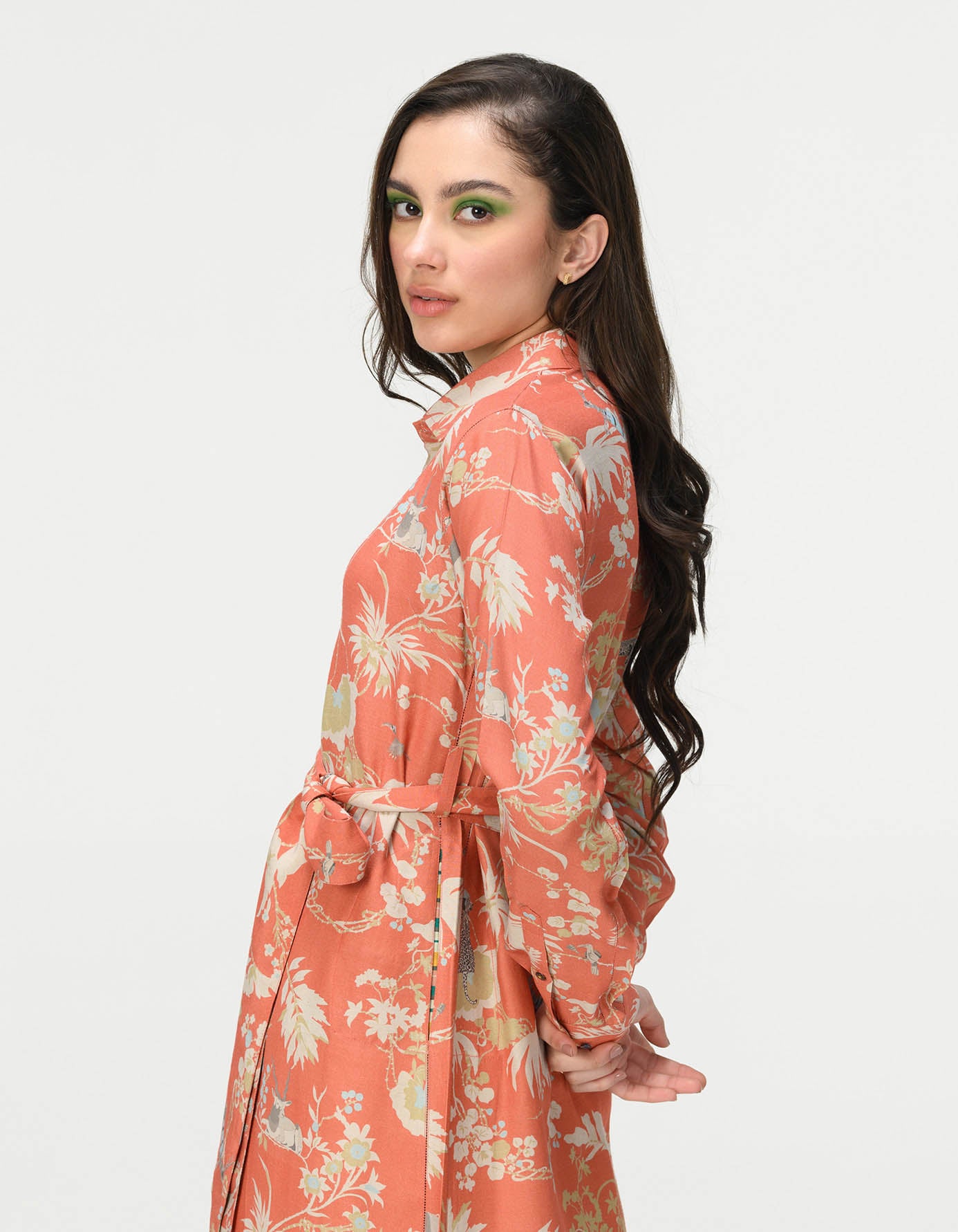 Elegant Tie Belt Shirt Dress - Muga Satin Coral Wrap Dress for Women | Perfect for Office, Date Night & Summer Outfits