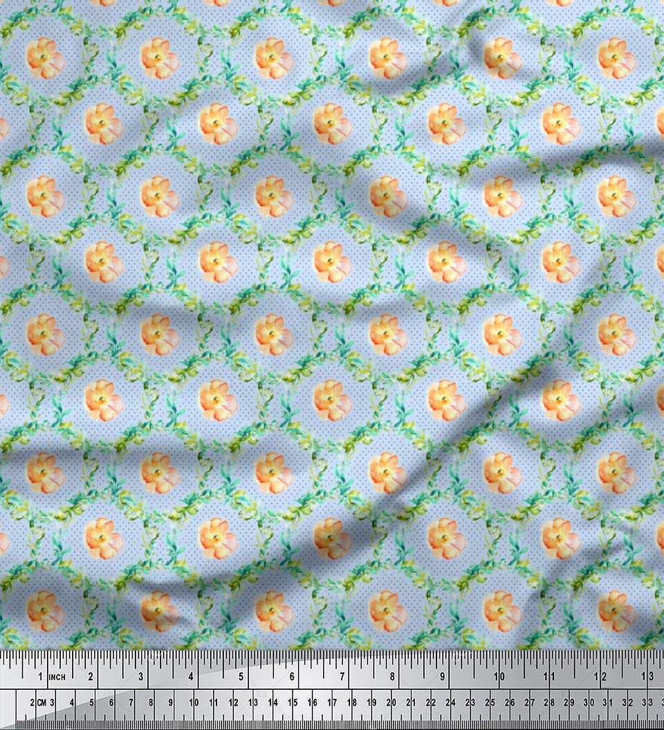 Soimoi Blue Cotton Cambric Fabric by The Yard - 42 Inch Wide Floral Textile with Wreath & Anemone Print - Classic Romantic Pattern for Trendy Apparel, DIY Dresses & Home Decor Projects