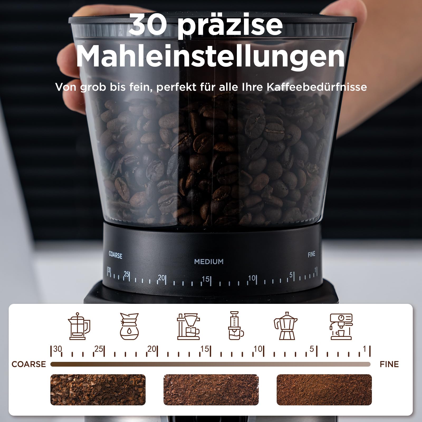 Premium Electric Burr Coffee Grinder - Conical Bean Grinder with 30 Adjustable Settings for 2-12 Cups (Silver & Black) - Perfect for Espresso, French Press & Drip Coffee Makers at Home or Office