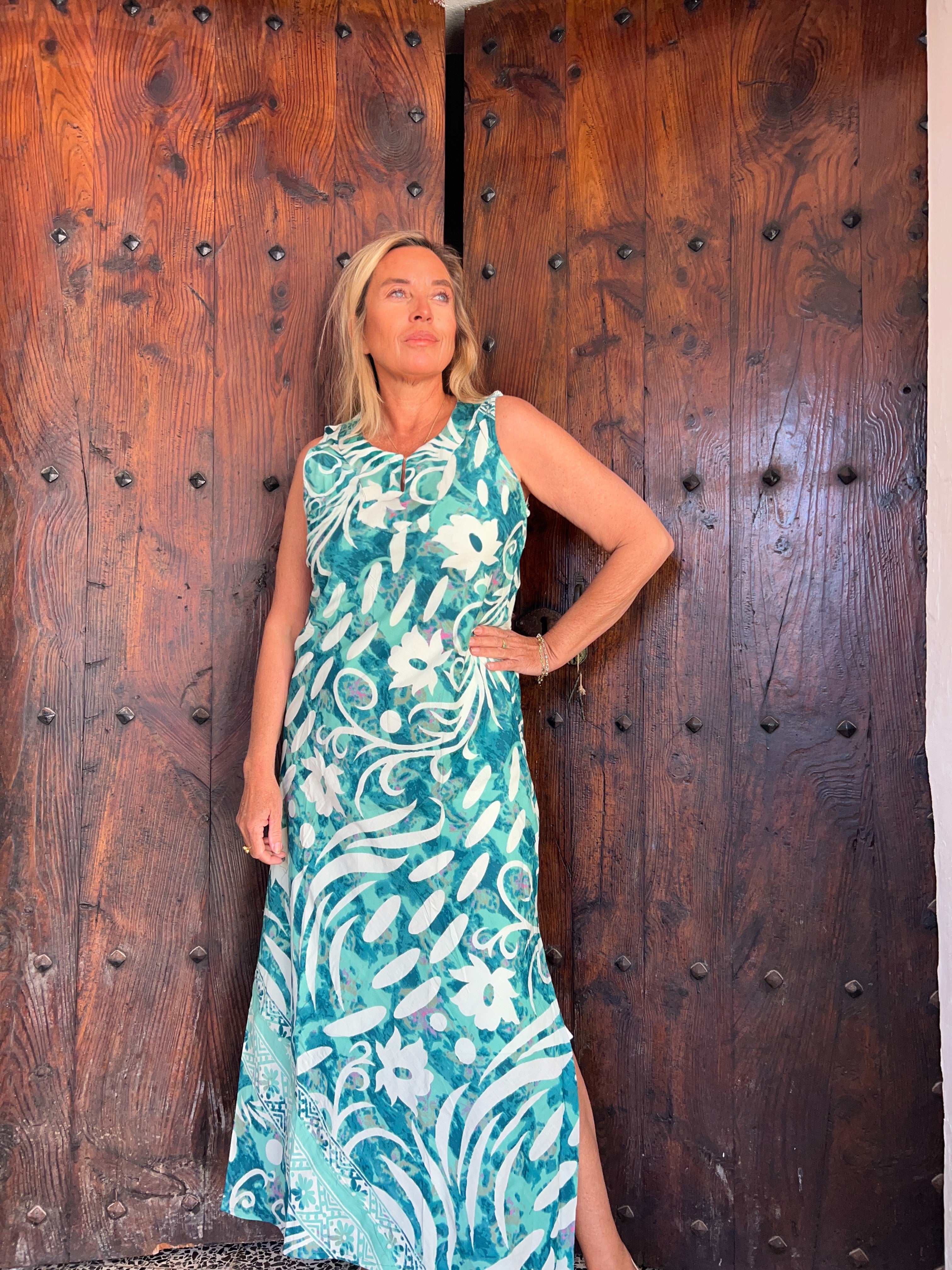 Jaipur Kaftan - Turquoise Sleeveless Maxi Dress for Women | Boho Chic Summer Beach Cover Up, Pool Party, Vacation Outfit