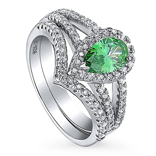 BERRICLE Sterling Silver Halo Wedding Engagement Ring Set - Pear Cut Green Cubic Zirconia CZ Split Shank Ring for Women, Rhodium Plated, Size 4-10 | Elegant Proposal, Anniversary Gift, Bridal Jewelry