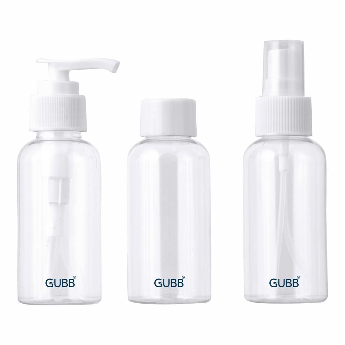 GUBB Travel Bottle Set - Leak Proof Refillable Toiletries Bottles with Pump, Spray & Cap for Shampoo, Lotion & Cosmetics | Perfect for Air Travel, Gym & Vacation Essentials